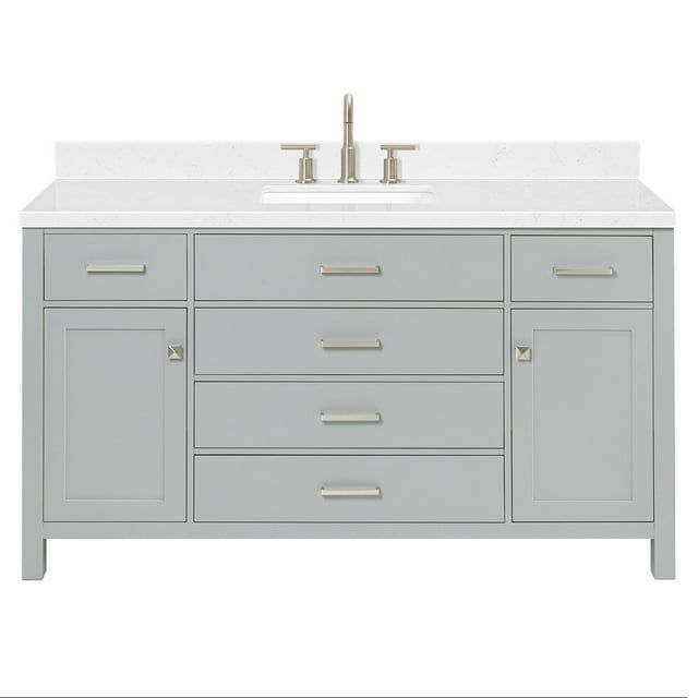 Gray and White Solid Wood Single Vanity with Carrara Quartz Top