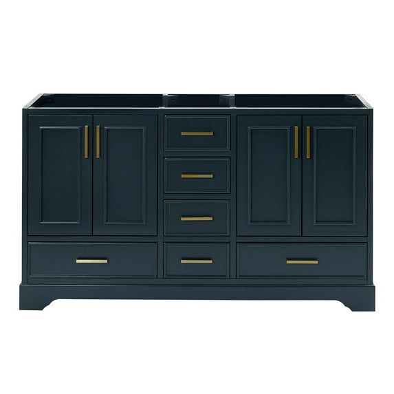 Midnight Blue Double Freestanding Vanity with Satin Brass Hardware
