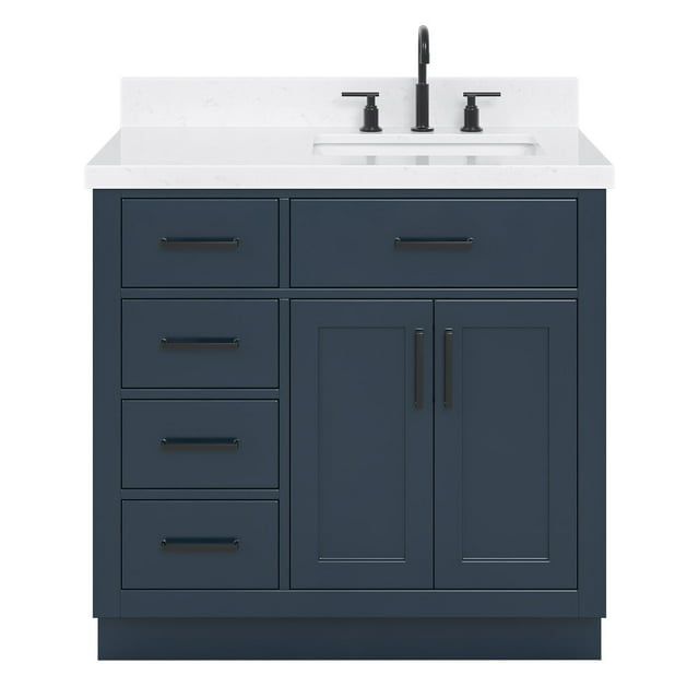 Midnight Blue Hardwood Freestanding Single Vanity with Quartz Top