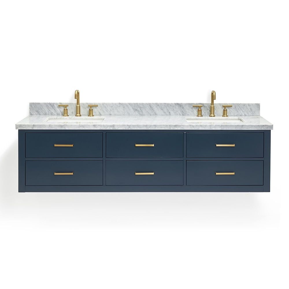 Midnight Blue Wall-Mount Double Vanity with Carrara Marble Top