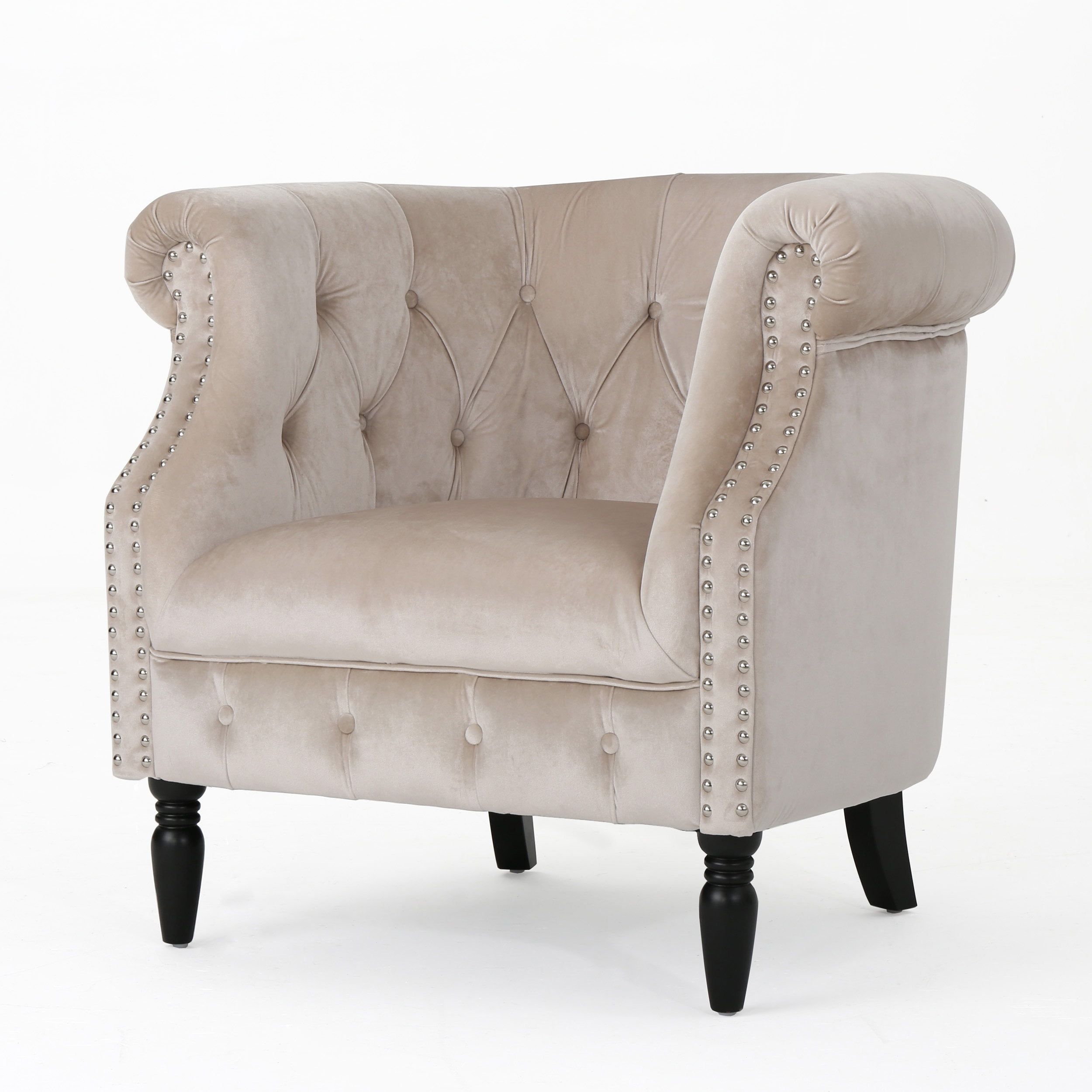 Aries Champagne Velvet High-Back Club Chair with Studded Arms