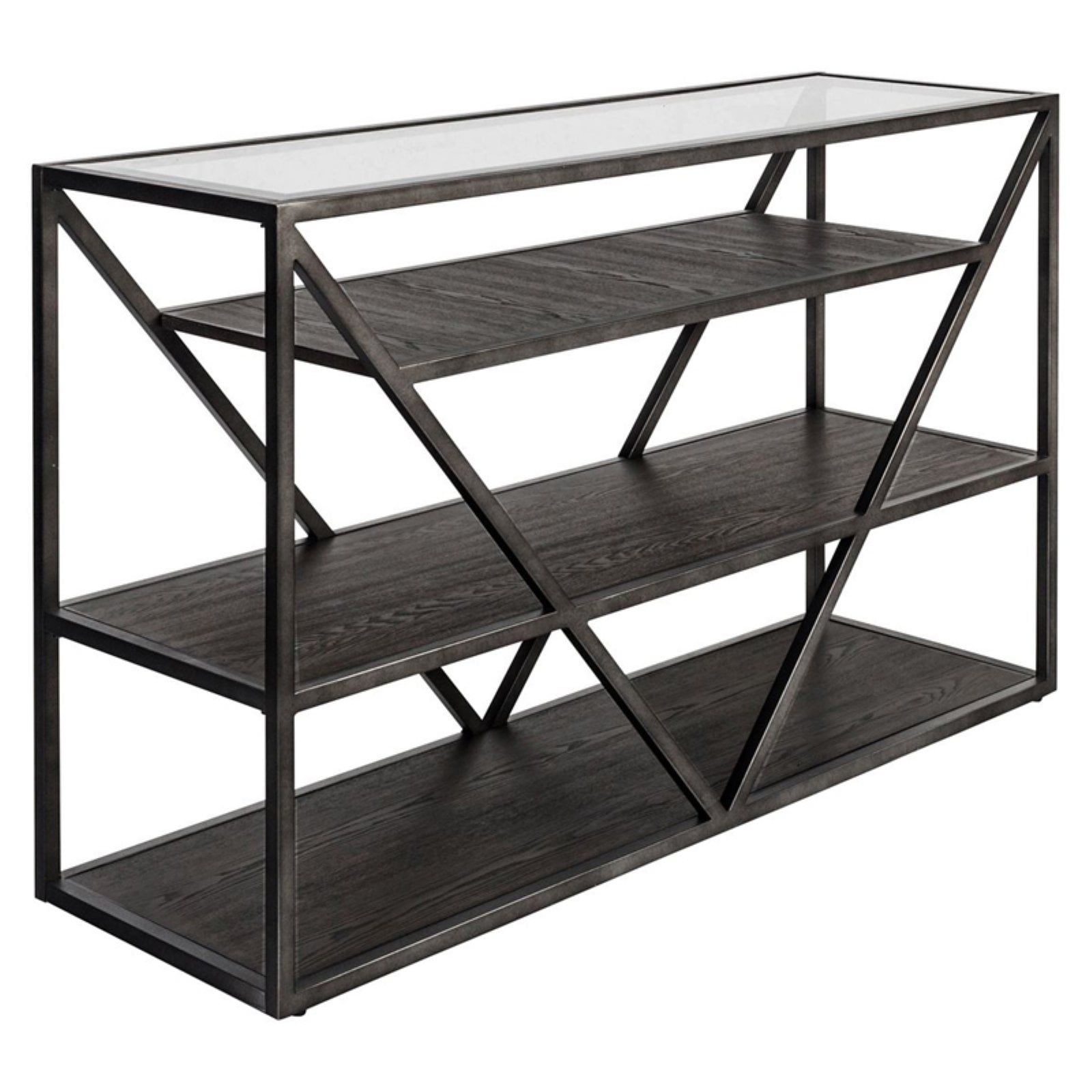 Arista Gray Wood and Metal Rectangular Sofa Table with Glass Top