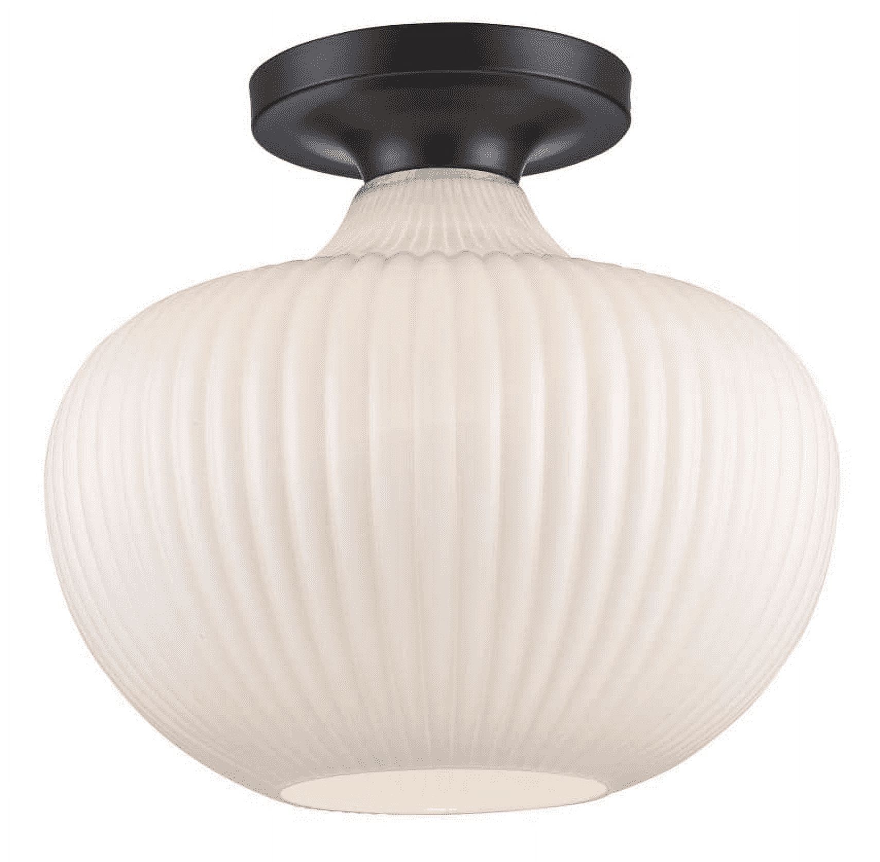 Aristo 12" Black Globe Semi-Flush Ceiling Light with Ribbed Glass Shade