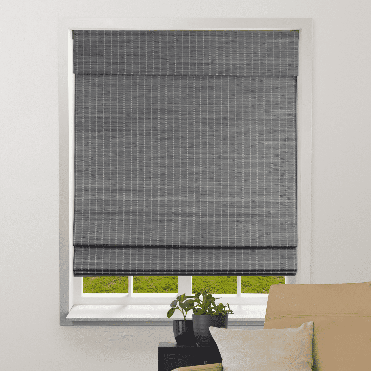 Cordless Grey-Brown Bamboo Roman Shades with Valance, 32"W x 74"H