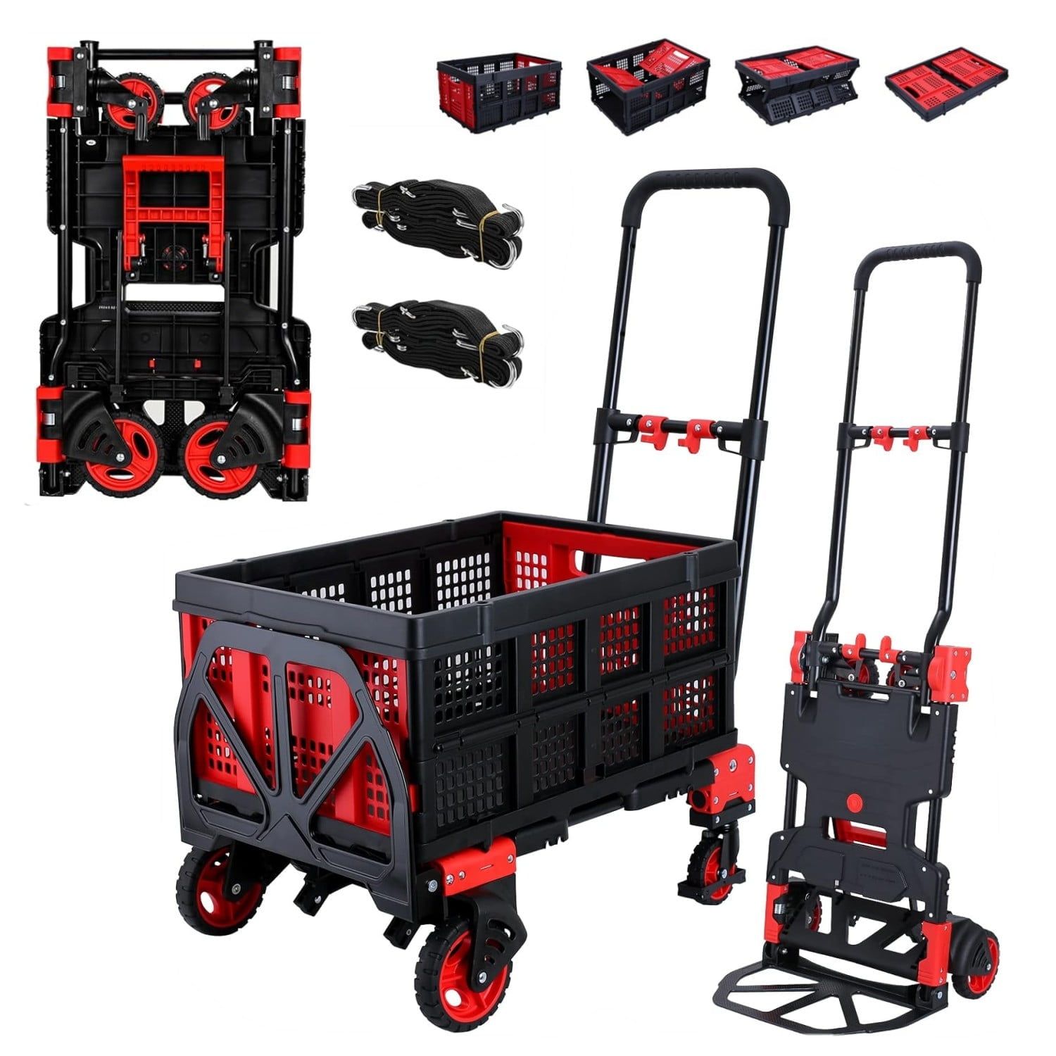 Red and Black Foldable Hand Truck Dolly with Basket and Strap