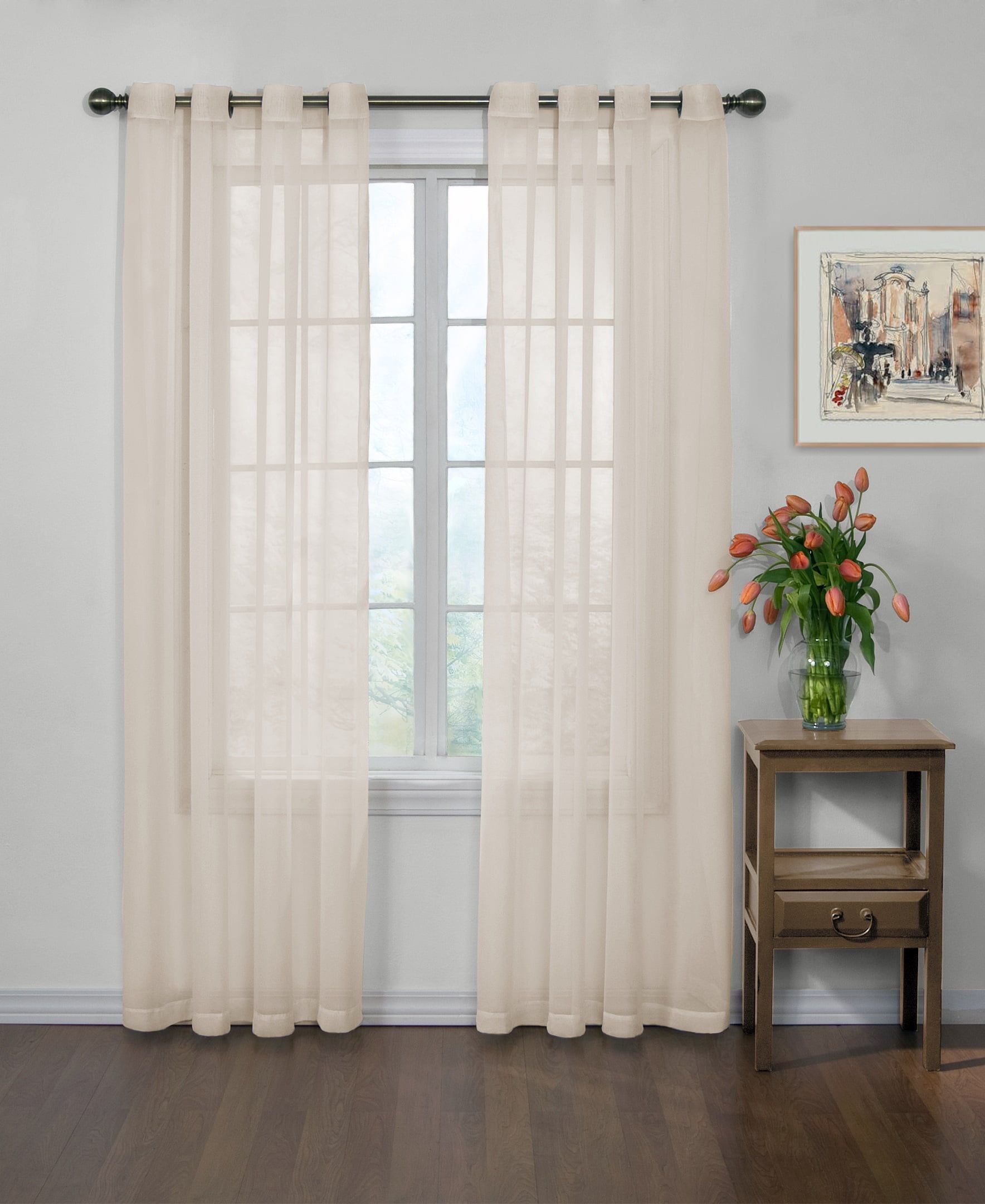 Ivory Sheer Polyester Grommet Window Curtain Panel, 59 x 63 inches