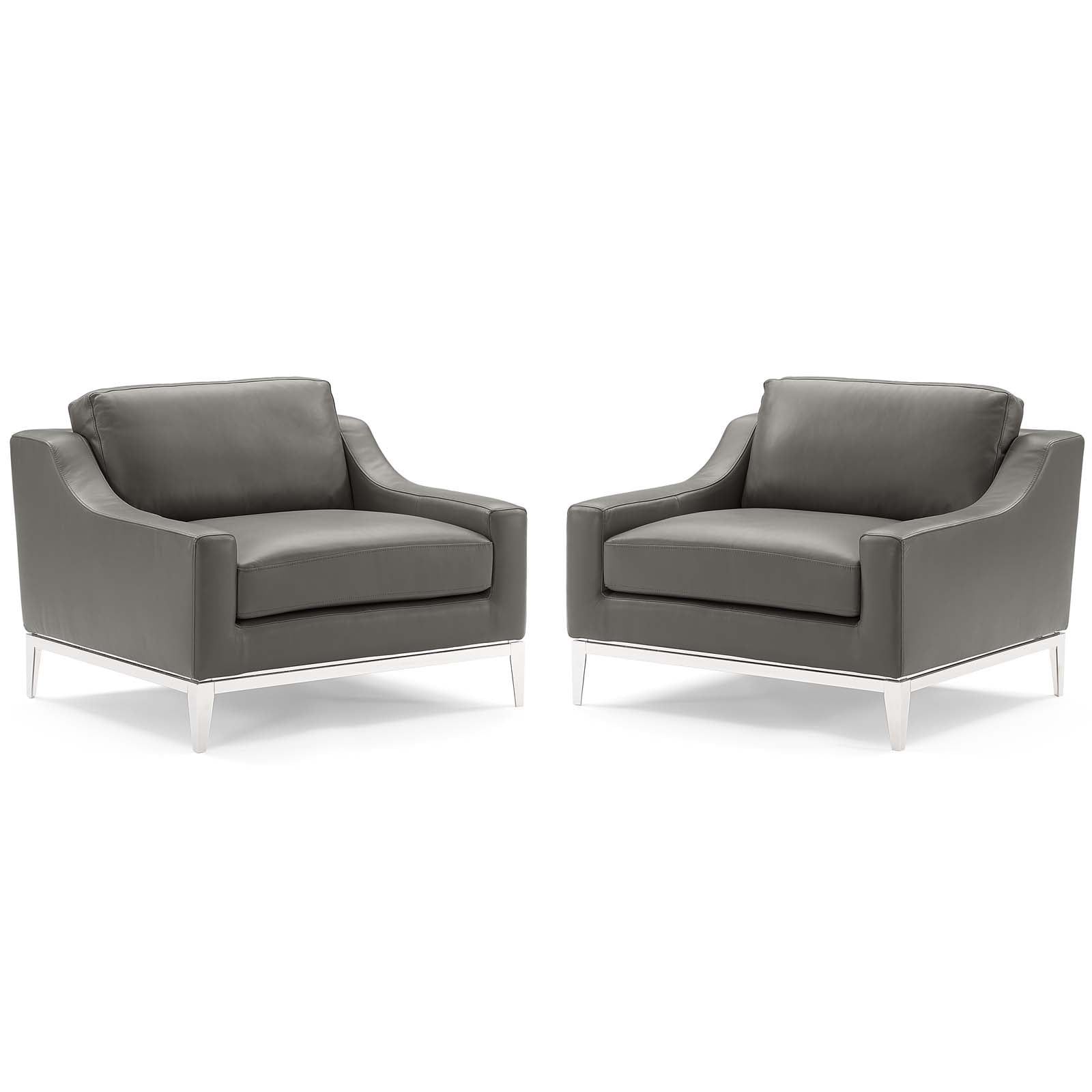 Sleek Gray Leather Armchair Duo with Polished Metal Base