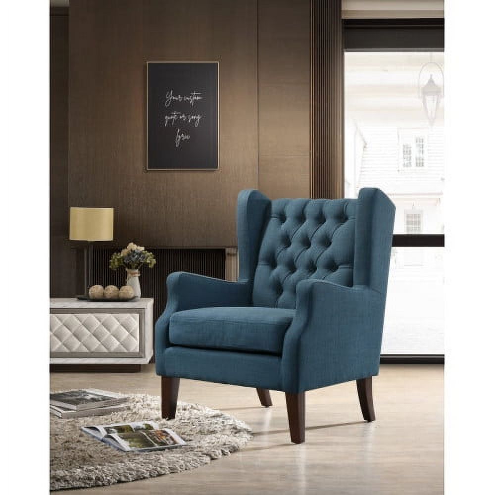 Blue Linen Button Tufted Wingback Accent Chair with Wood Legs