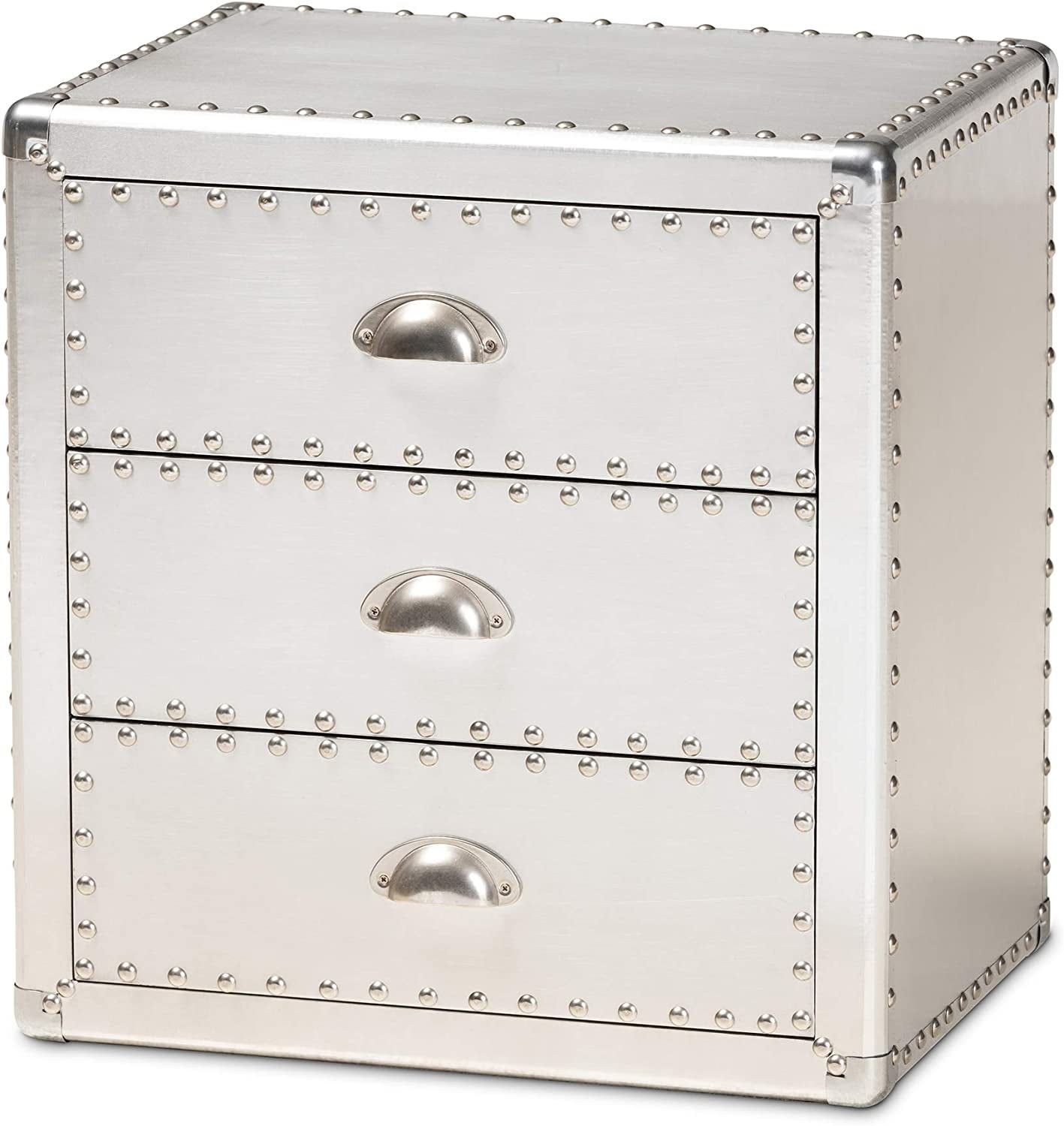 Armel 20" Silver Metal and Wood 3-Drawer Nightstand