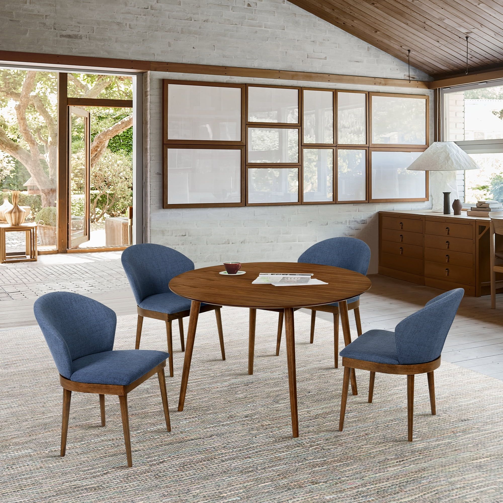 Arcadia 48" Round Walnut and Blue Fabric 5-Piece Dining Set