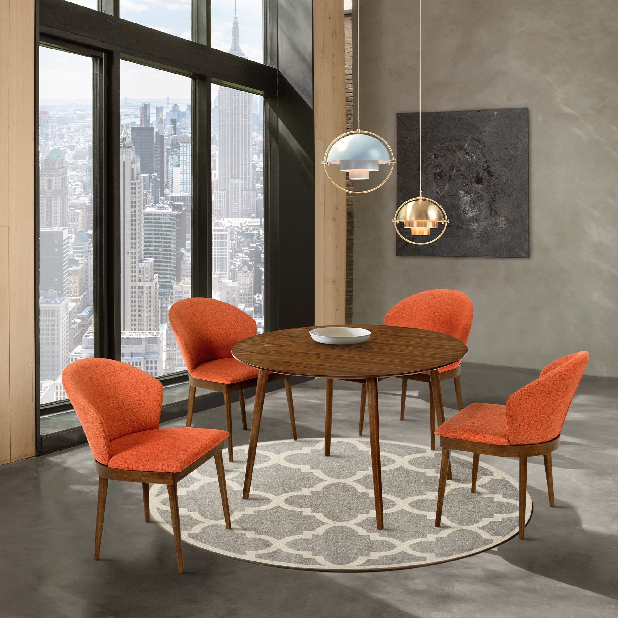 Arcadia & Juno 48" Round Walnut & Orange Dining Set - 5 Piece