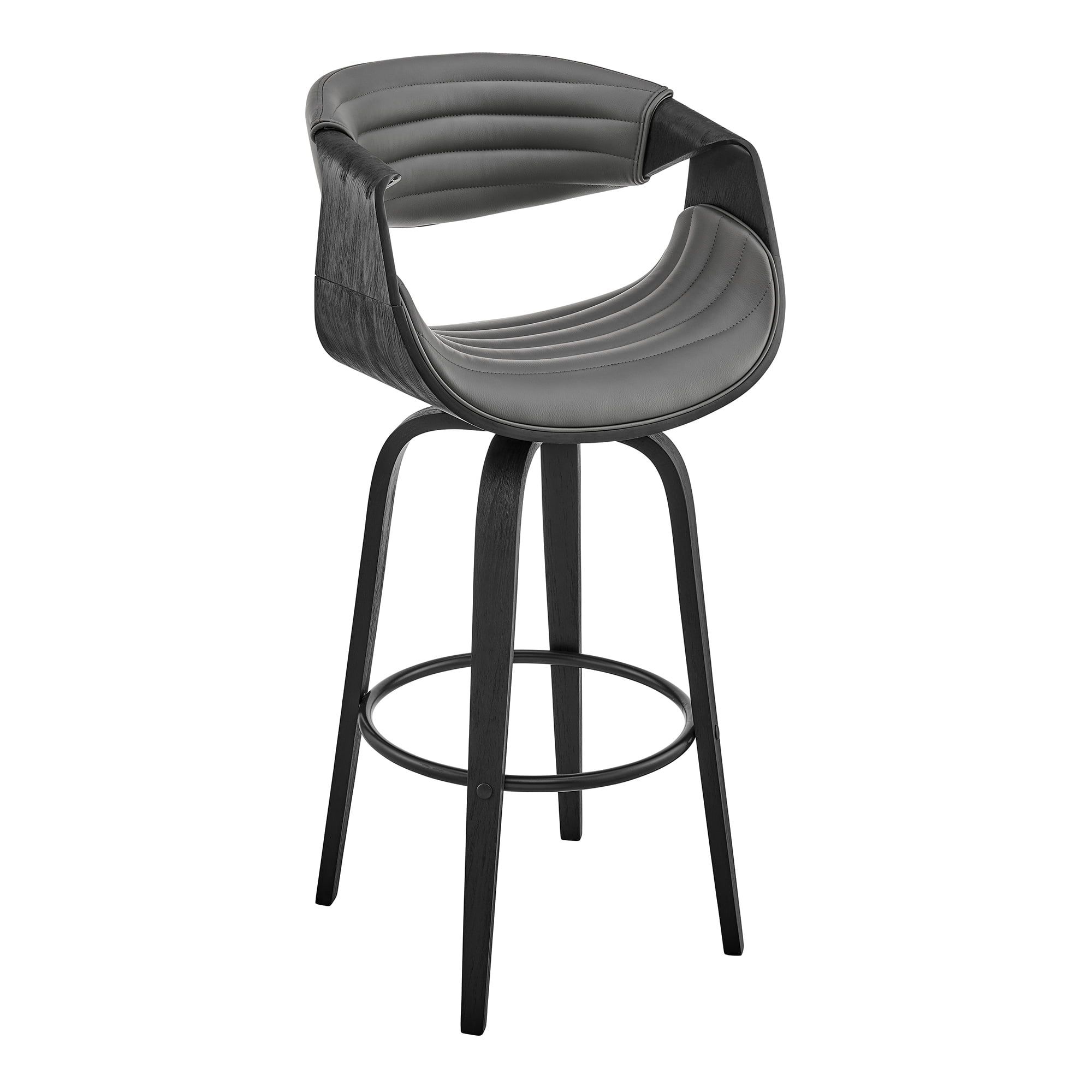 Arya 30" Gray Faux Leather & Black Wood Swivel Bar Stool