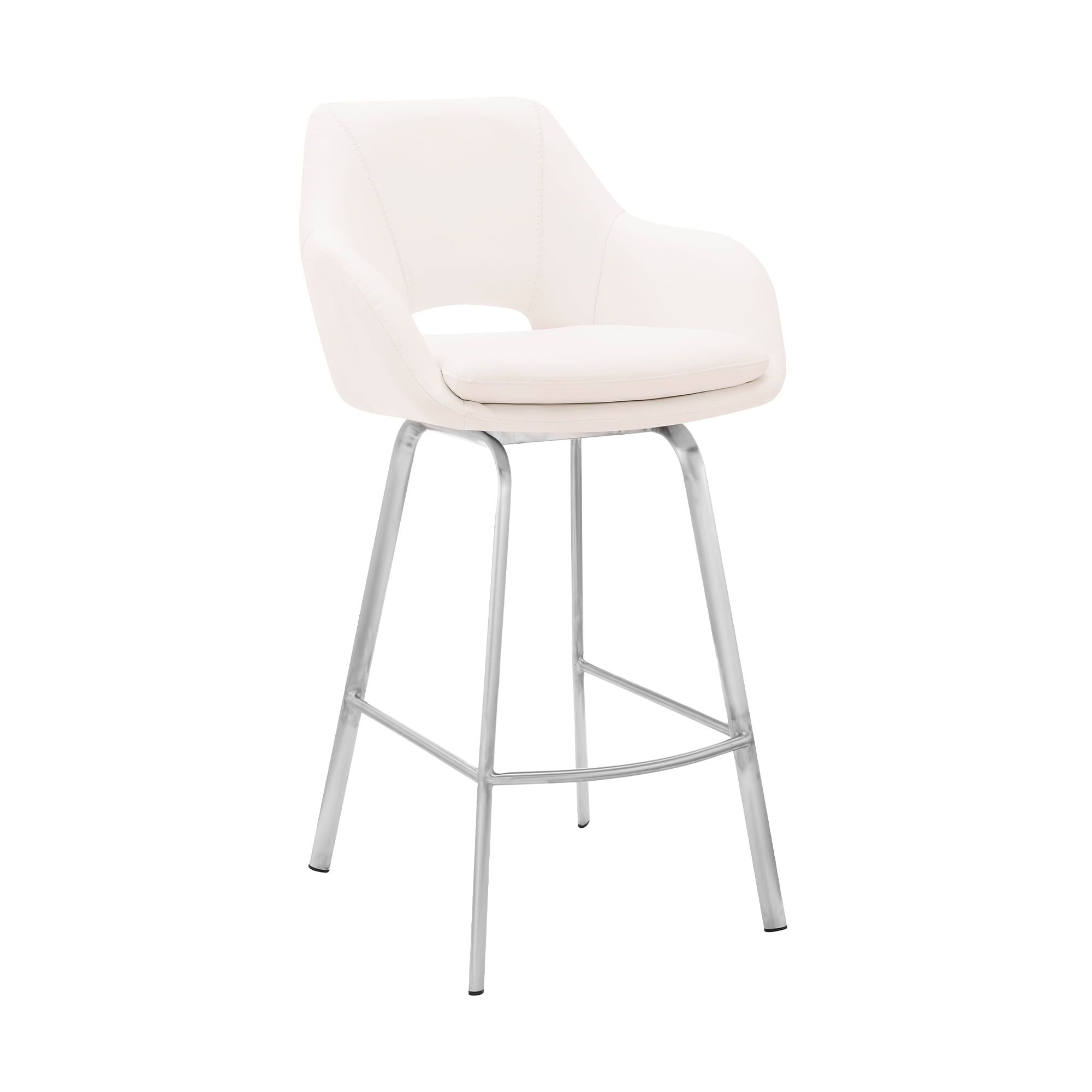 Aura White Faux Leather Swivel Bar Stool with Brushed Steel