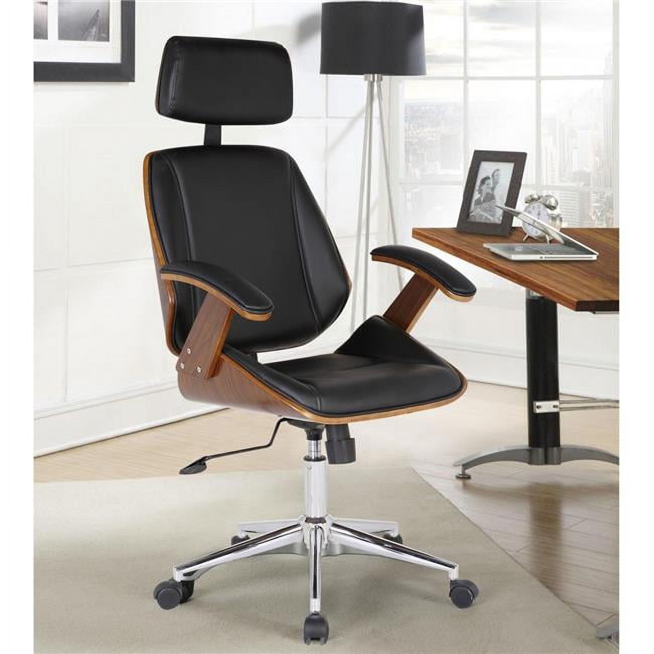 High Back Black Faux Leather Swivel Office Chair with Chrome and Wood