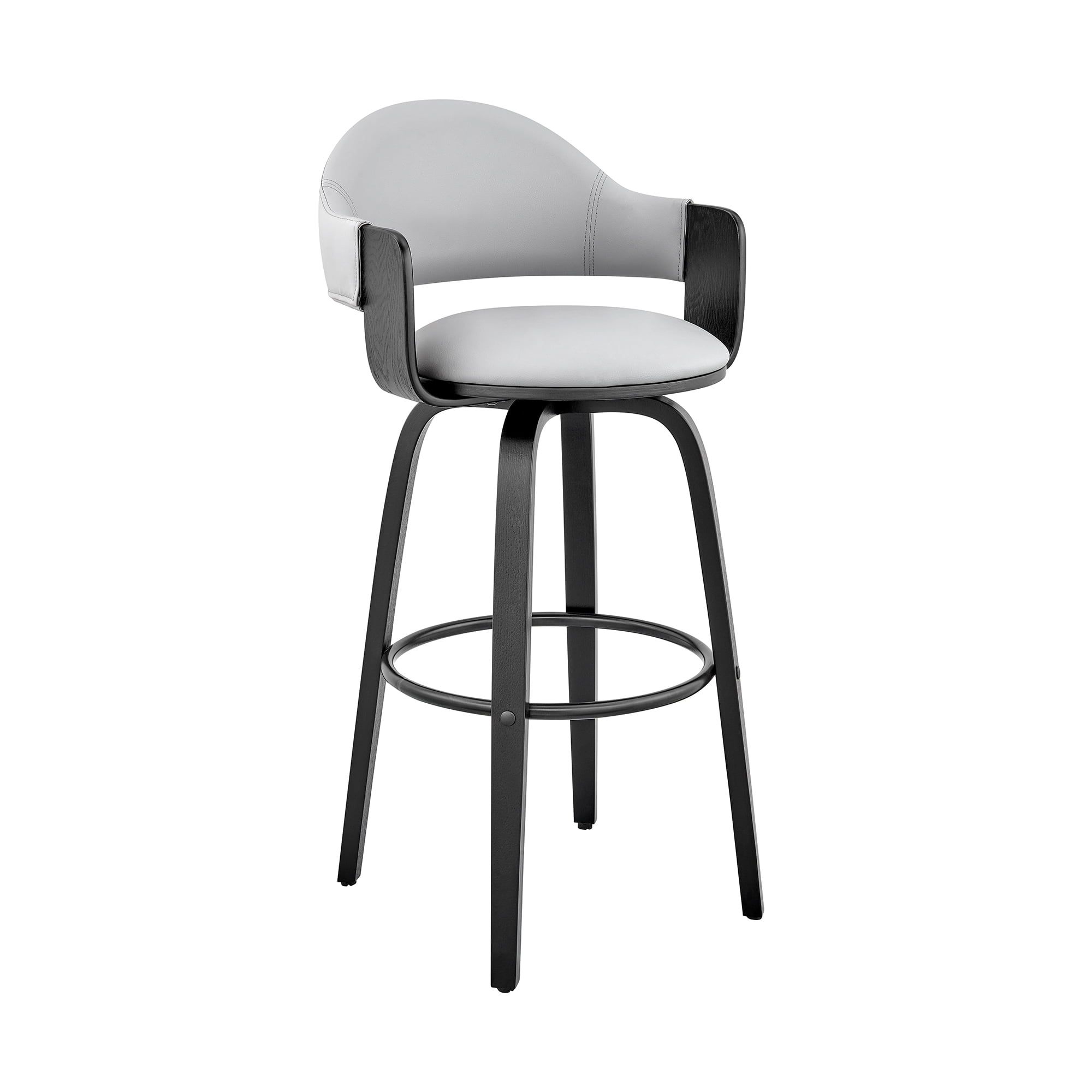 Gray Faux Leather and Black Wood Swivel Bar Stool