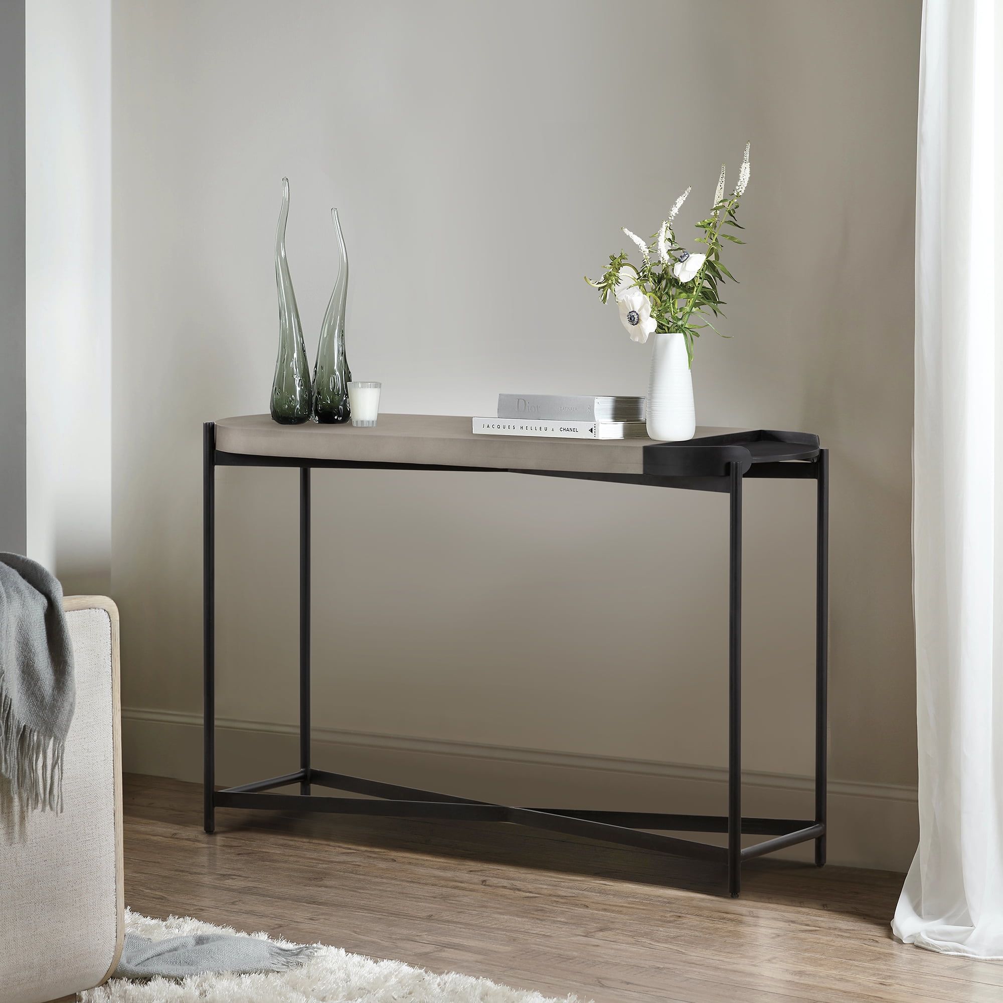 Dua 47" Gray Concrete and Black Metal Console Table