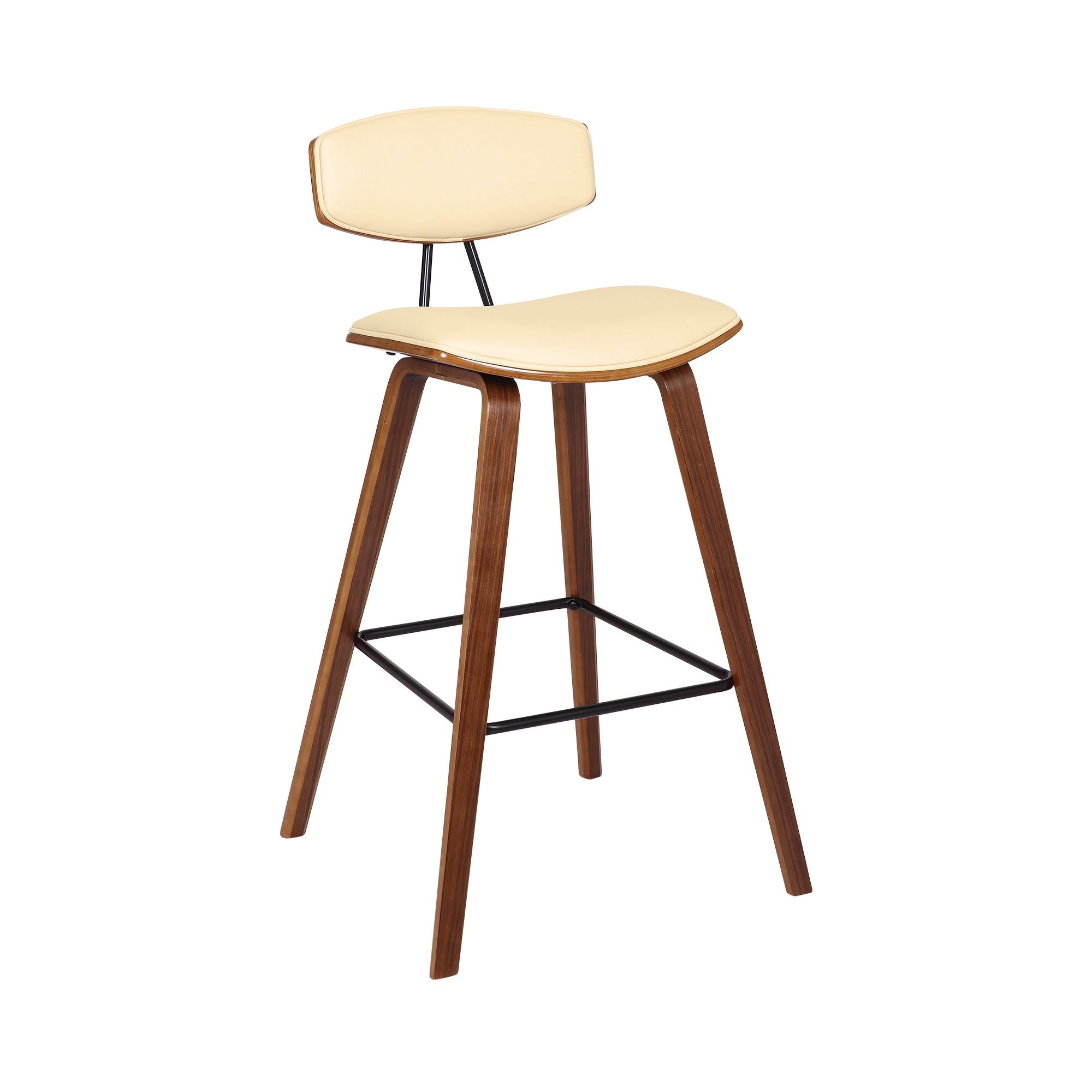 Contemporary Cream Faux Leather & Walnut Wood Bar Stool