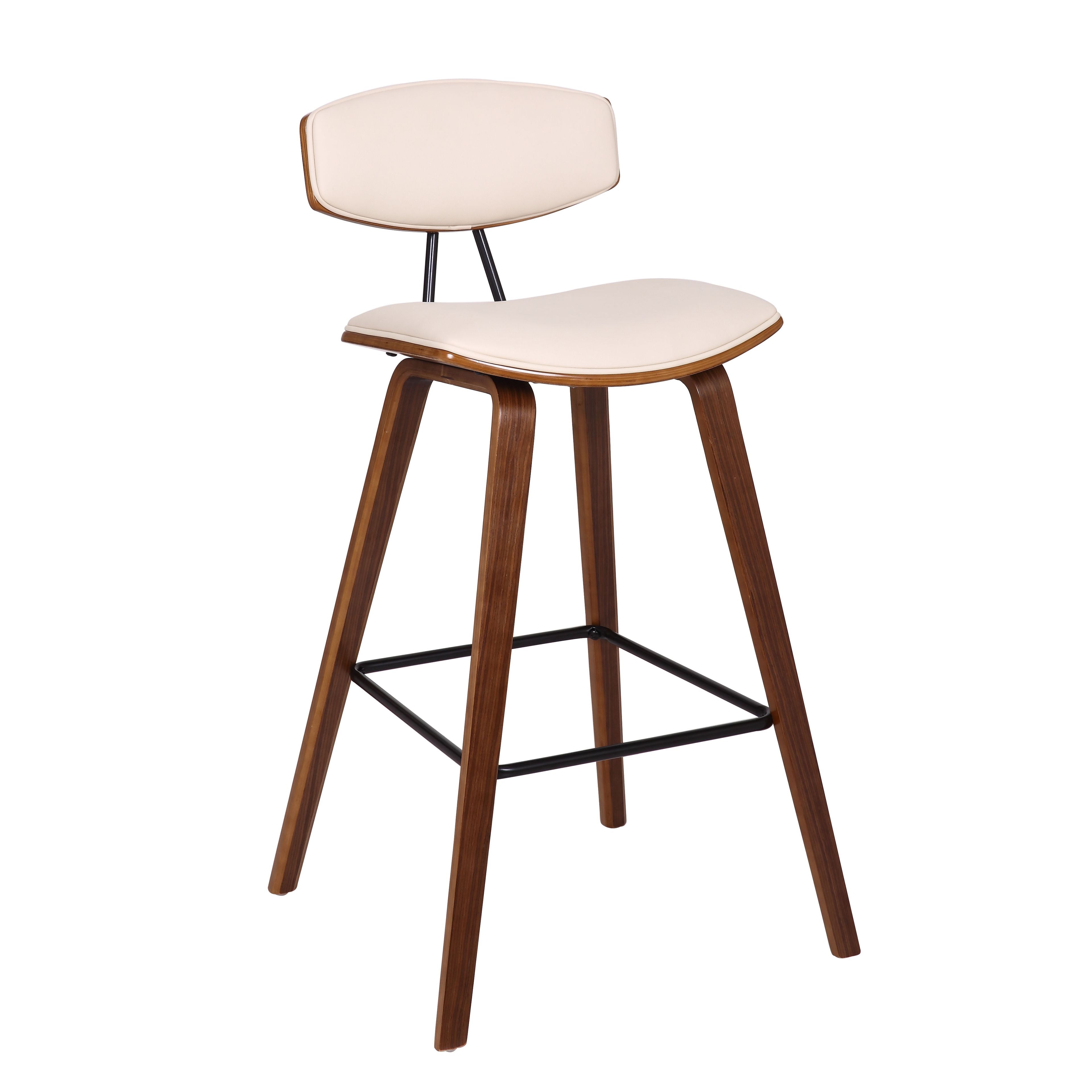 Contemporary Cream Faux Leather & Walnut Wood Bar Stool