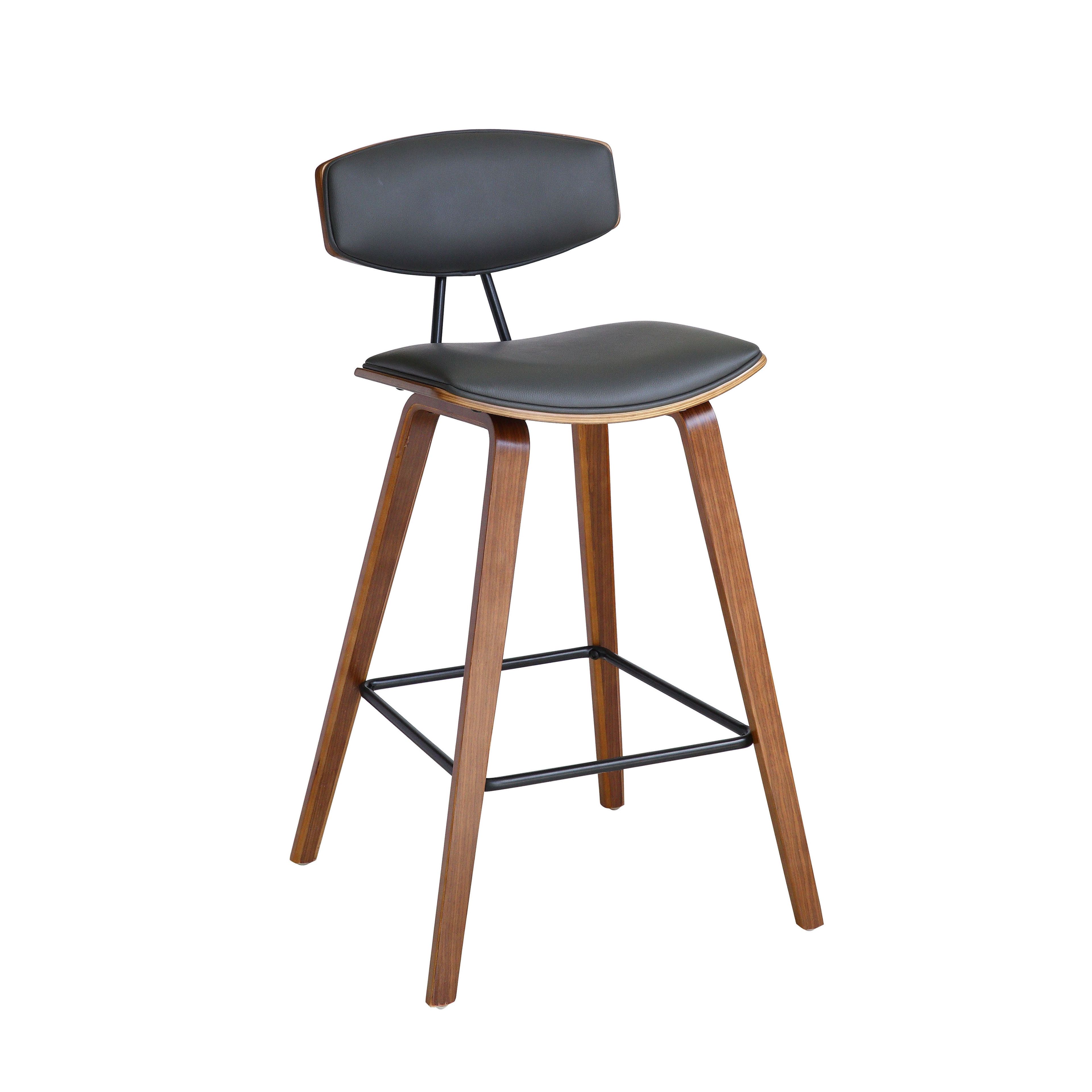 Gray Faux Leather and Walnut Wood Mid-Century Modern Bar Stool