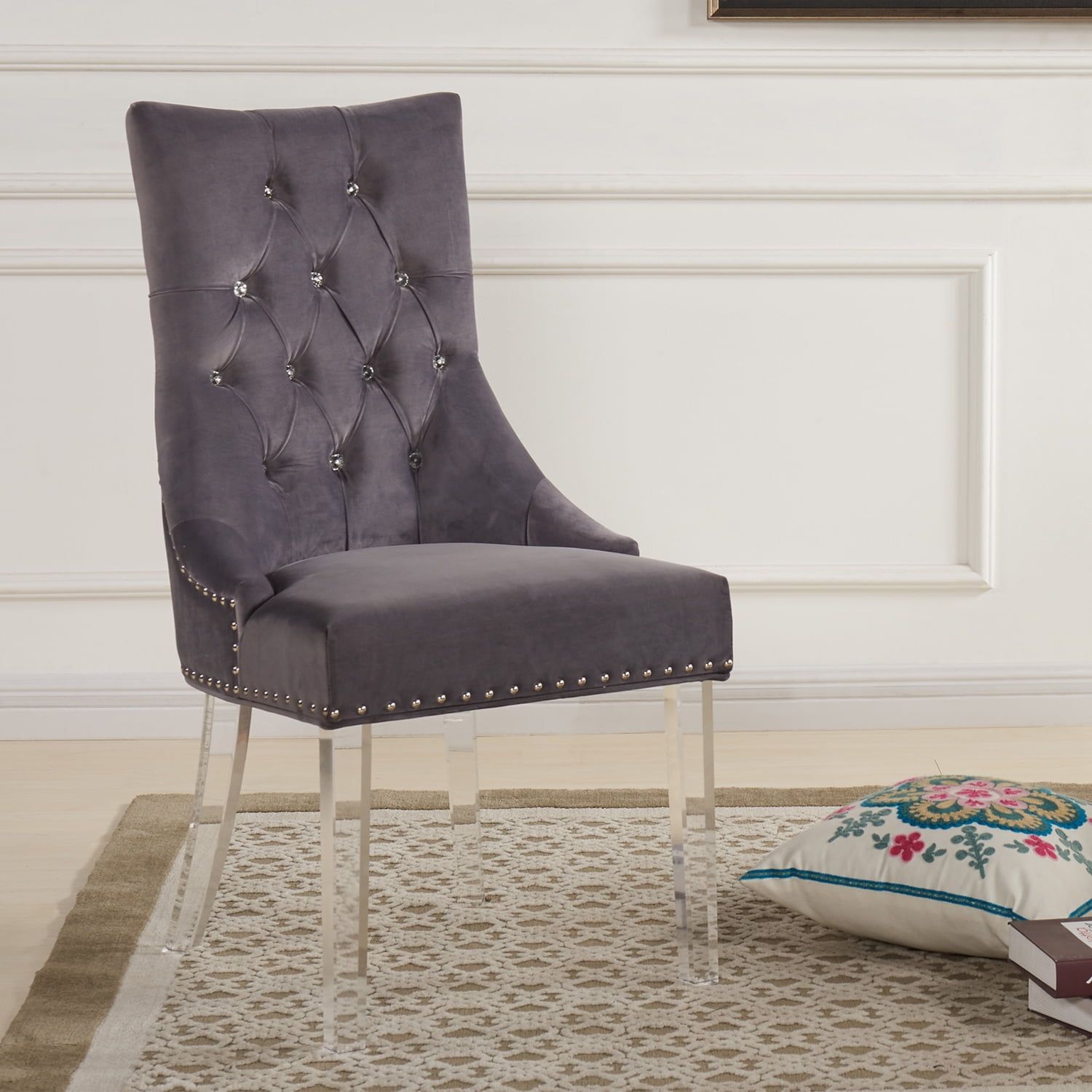 Gray Velvet Upholstered Side Chair with Acrylic Legs