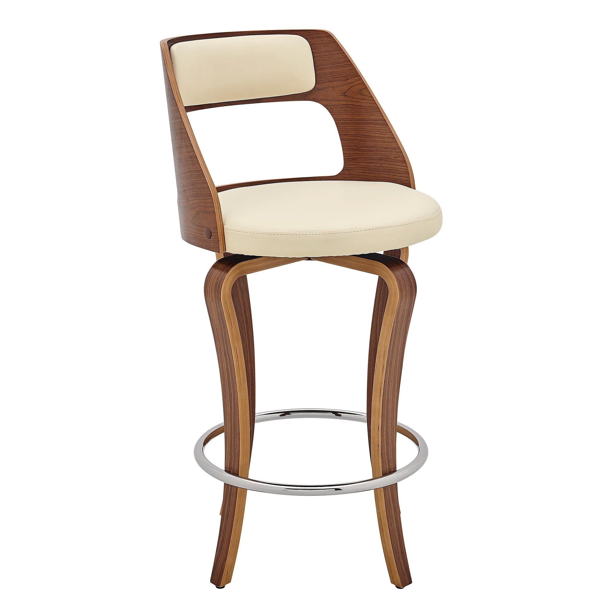 Modern 26" Cream Faux Leather & Walnut Wood Swivel Chair
