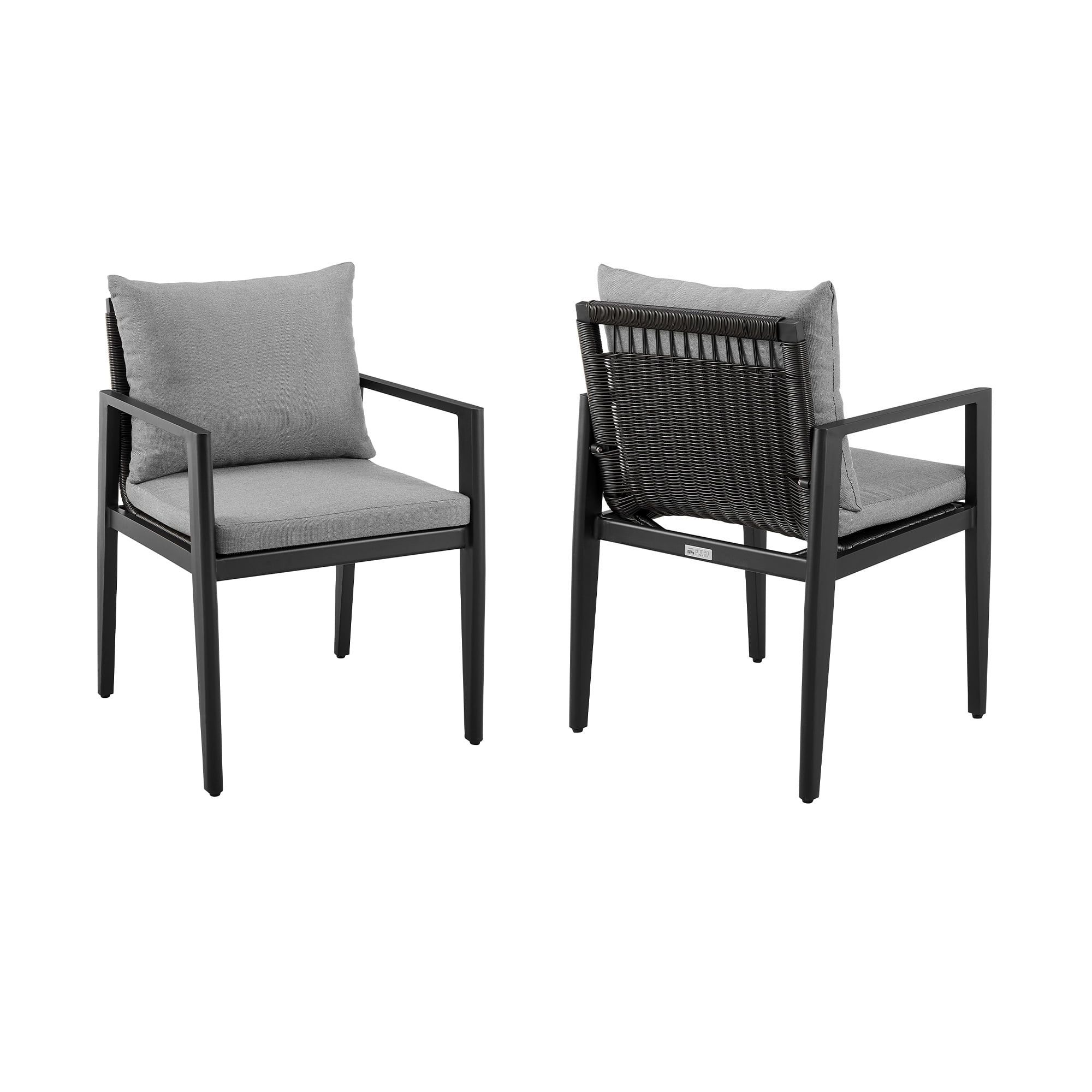 Grand Black Aluminum Outdoor Dining Chairs with Dark Gray Cushions - Set of 2