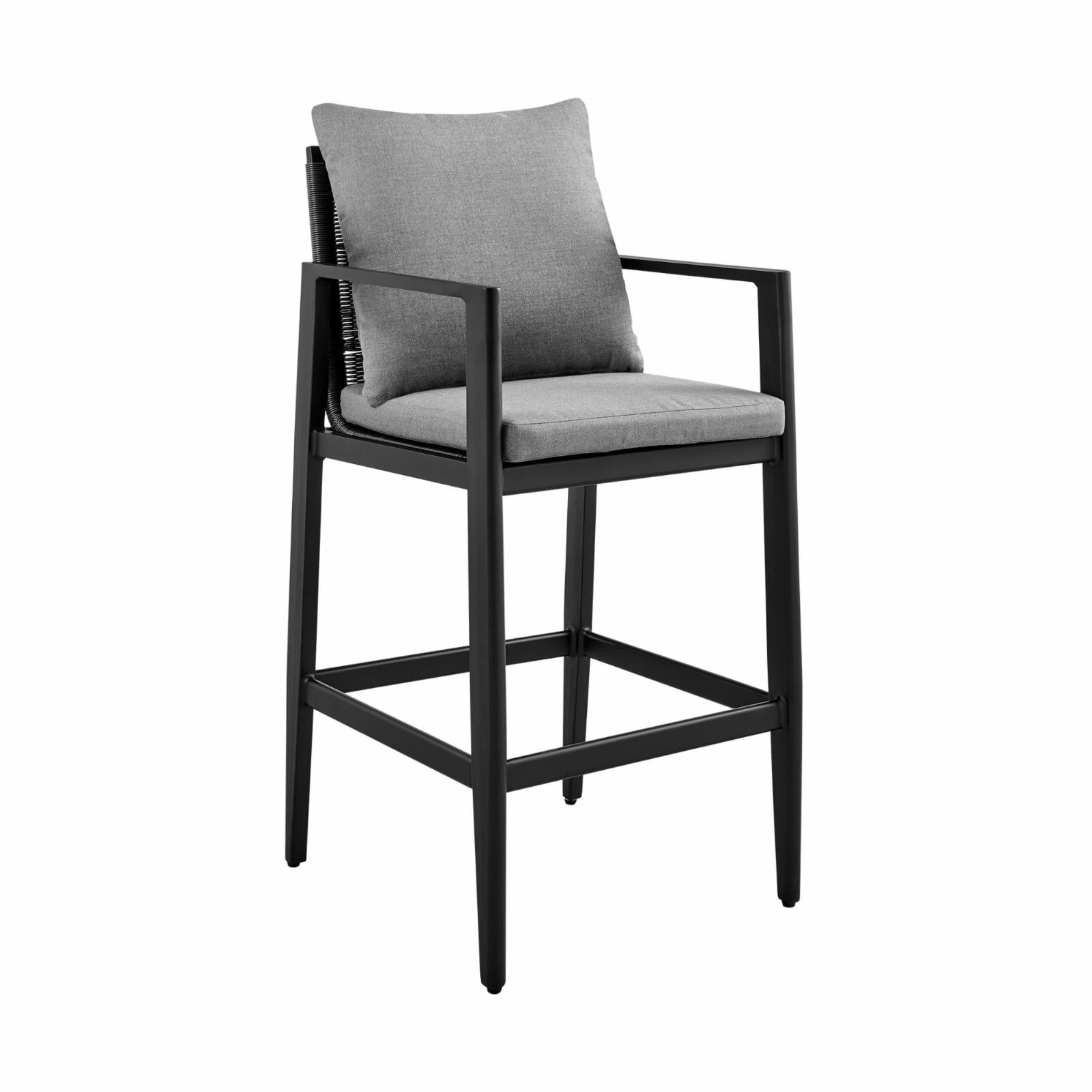 Sleek Aluminum and Rattan Outdoor Bar Stool with Dark Grey Cushions