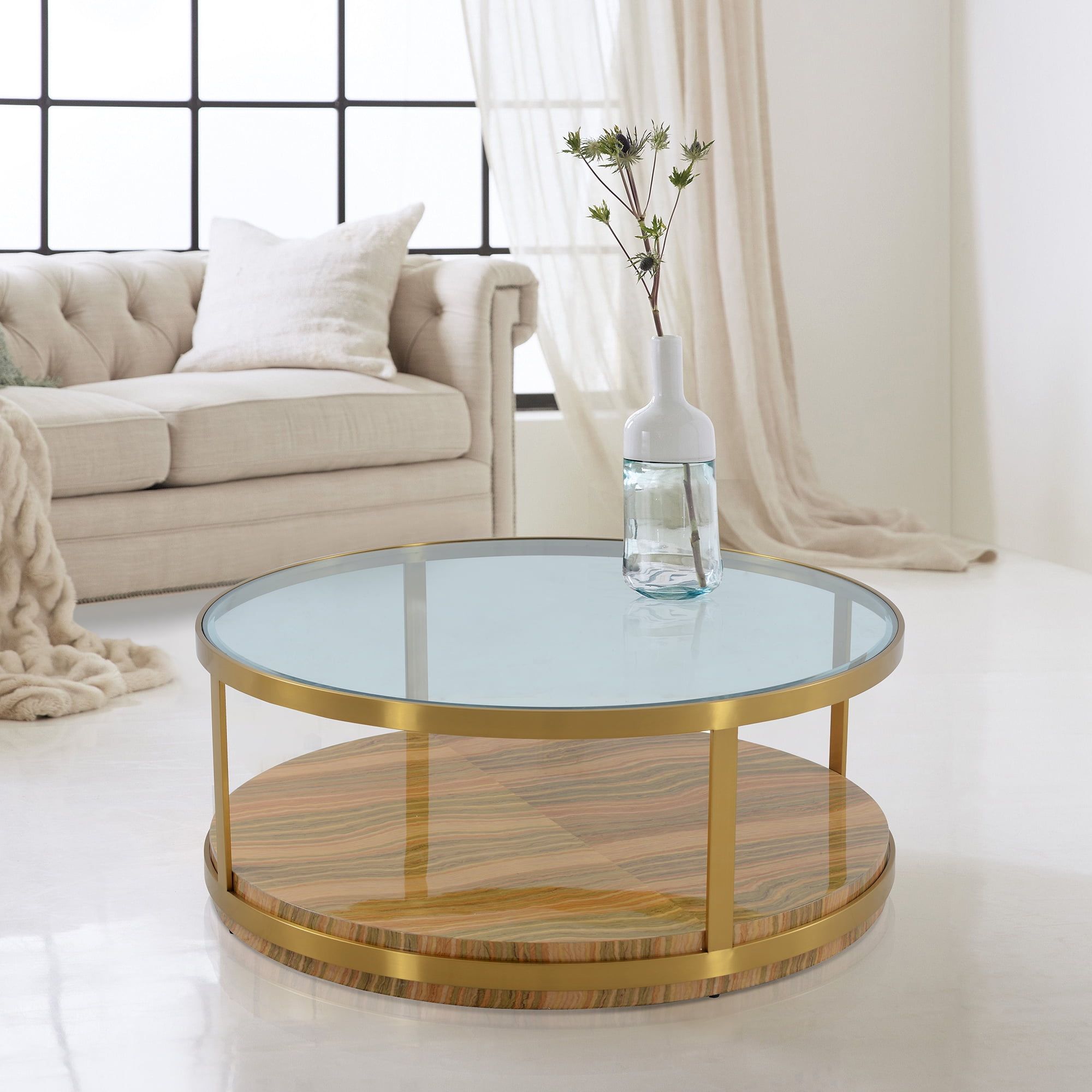 Hattie 43" Round Glass and Wood Coffee Table with Gold Storage Shelf