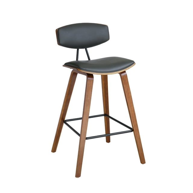 Gray Faux Leather and Walnut Wood Mid-Century Modern Bar Stool