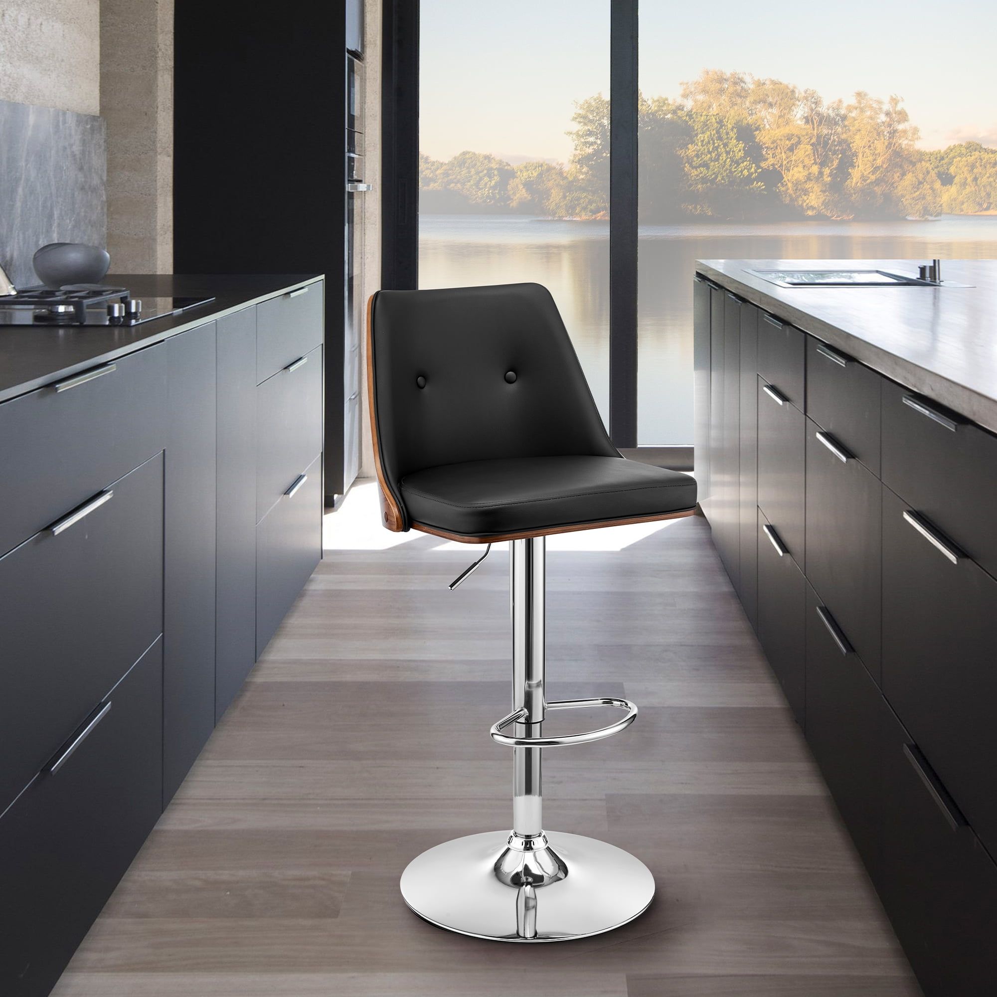 Adjustable Swivel Black Leather & Walnut Wood Bar Stool with Chrome Base