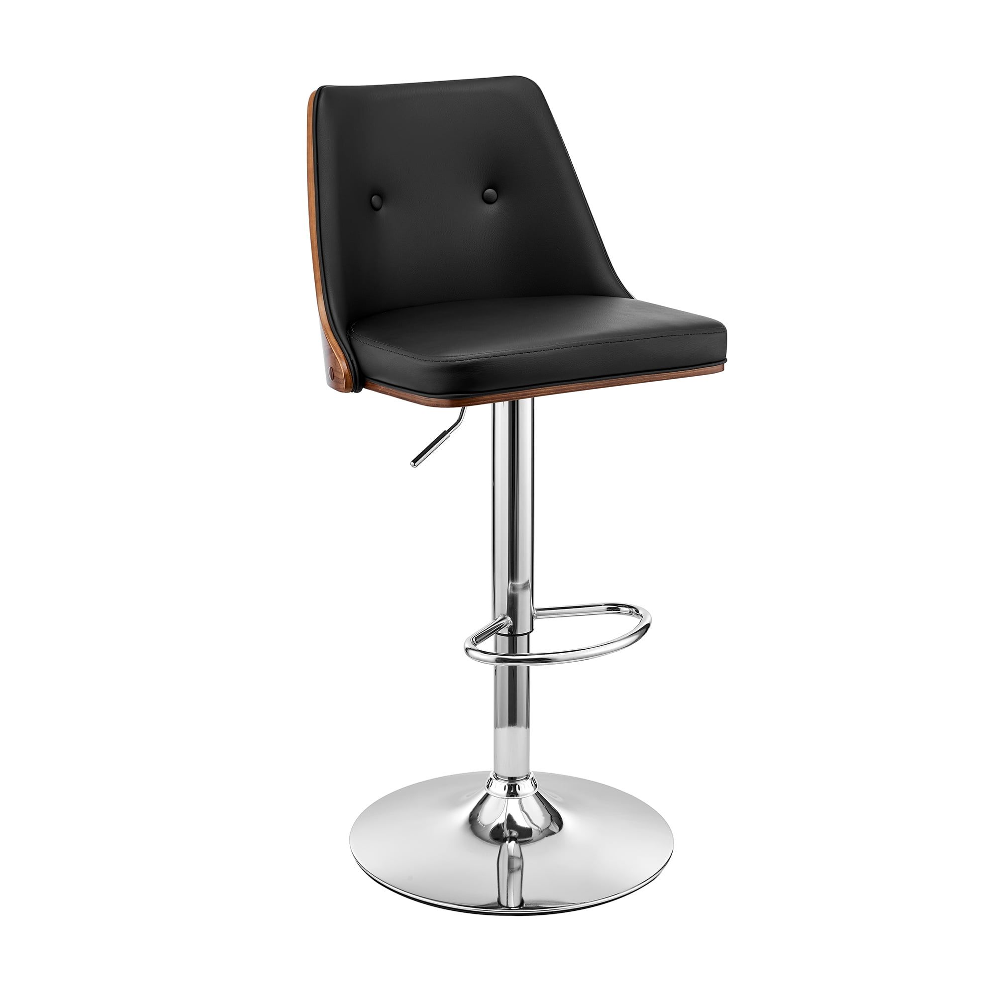 Adjustable Swivel Black Leather & Walnut Wood Bar Stool with Chrome Base