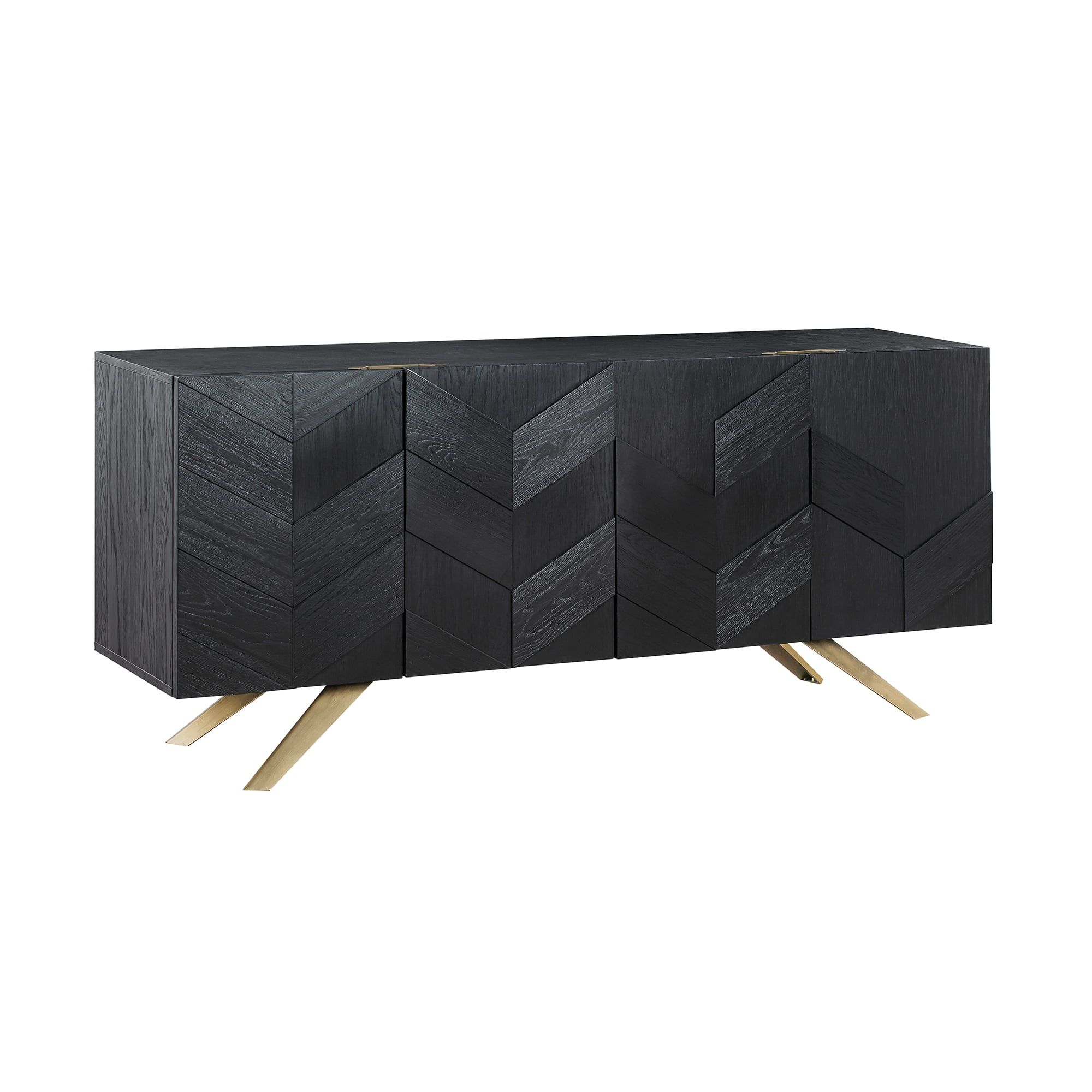 Lombard Modern Chevron Black Brushed Oak Sideboard with Brass Legs