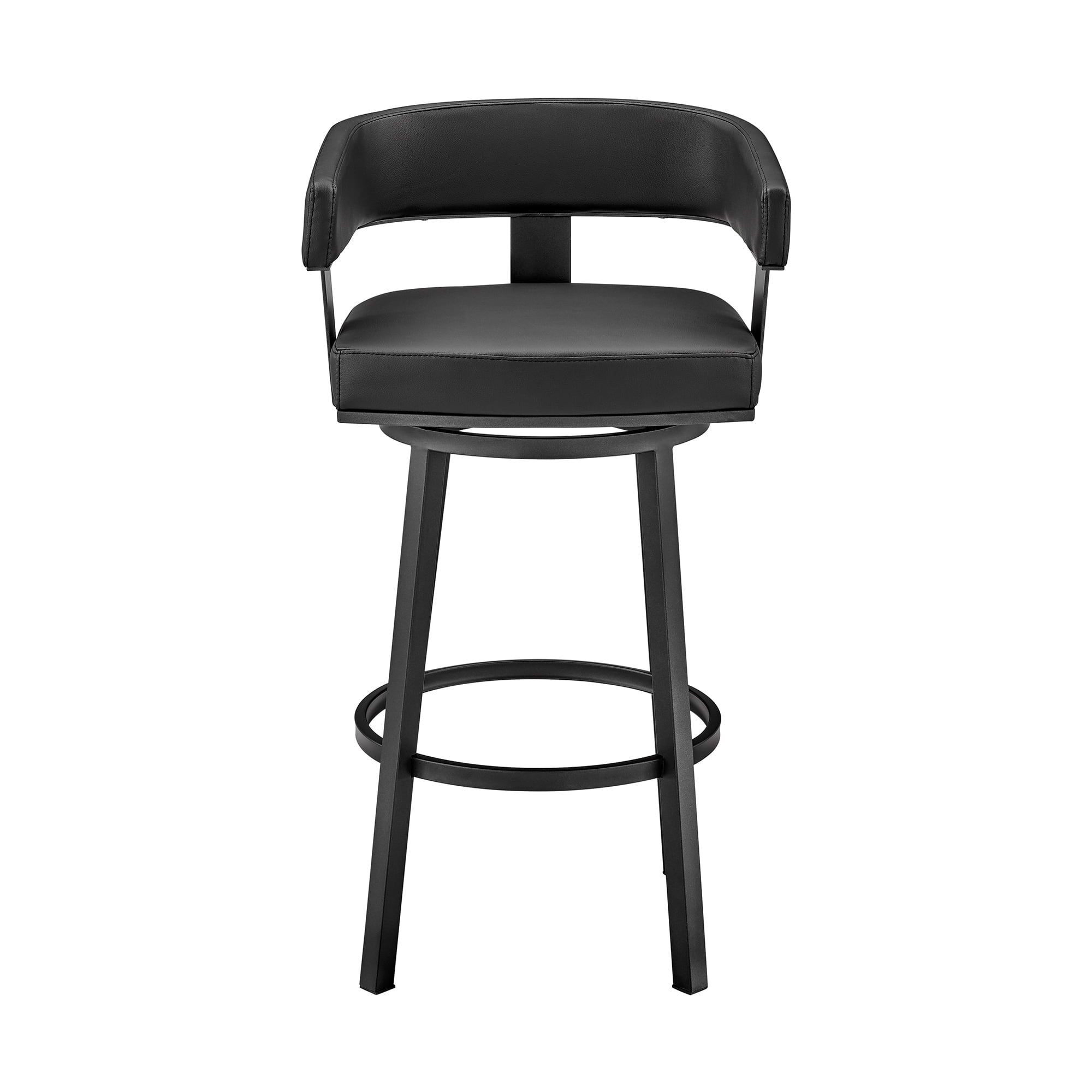 Elegant 34" Swivel Metal Bar Stool with Black Leather Upholstery