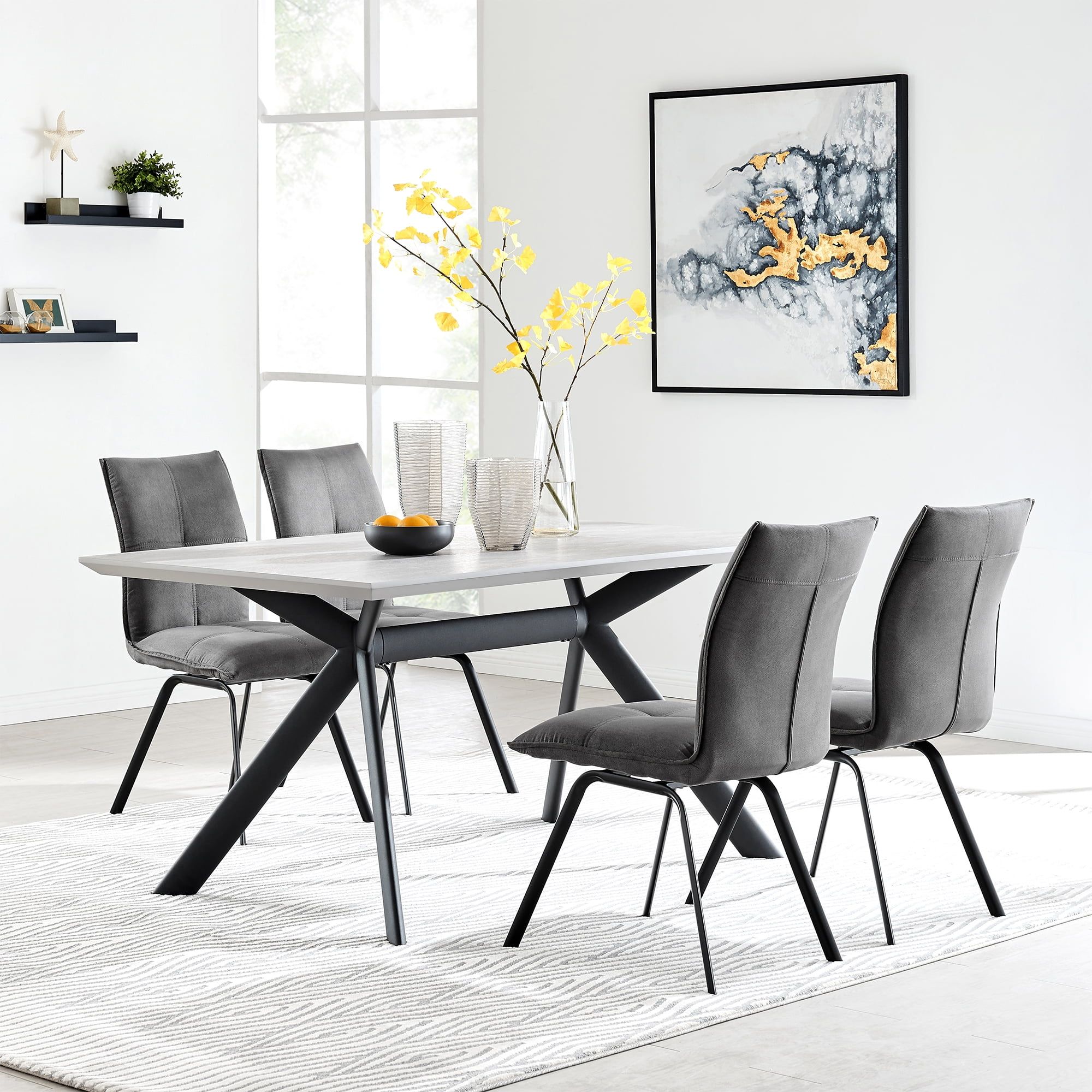 Gray and Black Modern 5-Piece Dining Set with Fabric Chairs