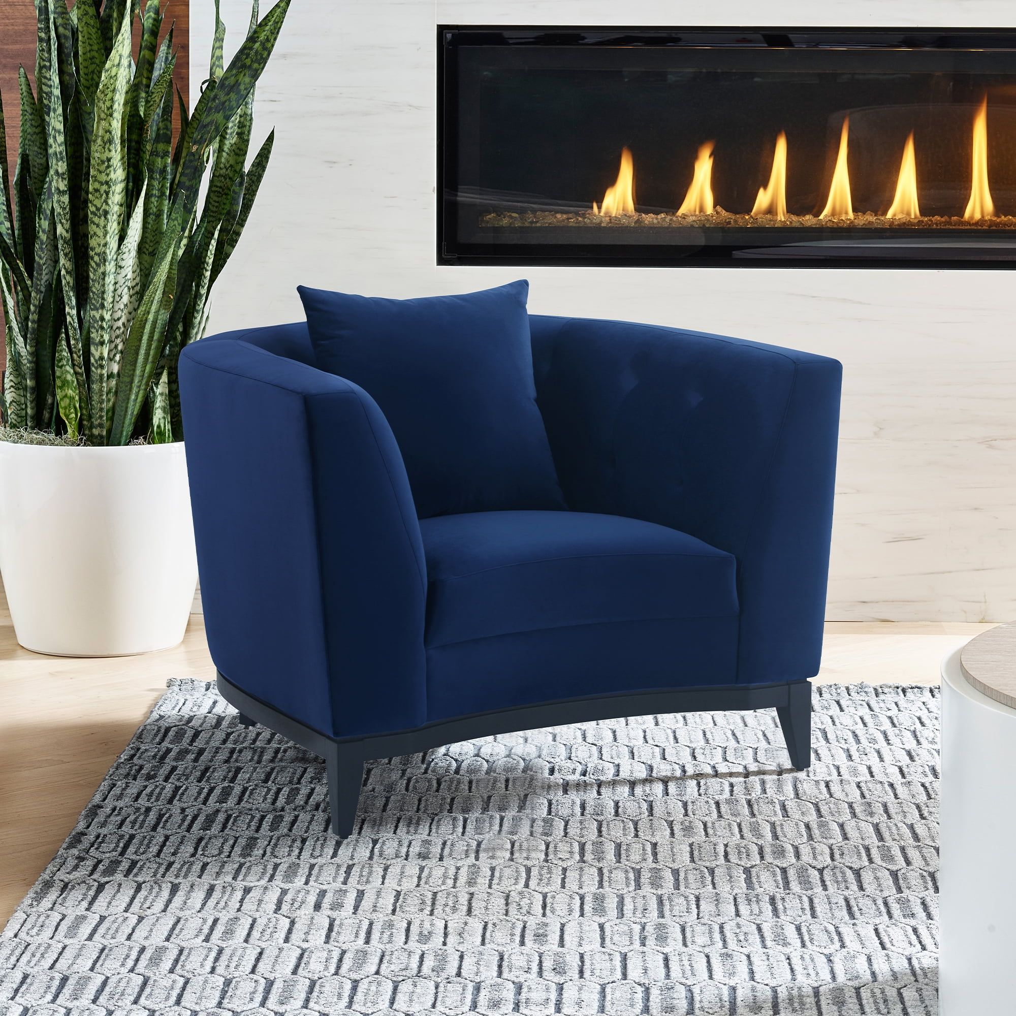 Contemporary Blue Velvet Barrel Accent Chair with Black Base