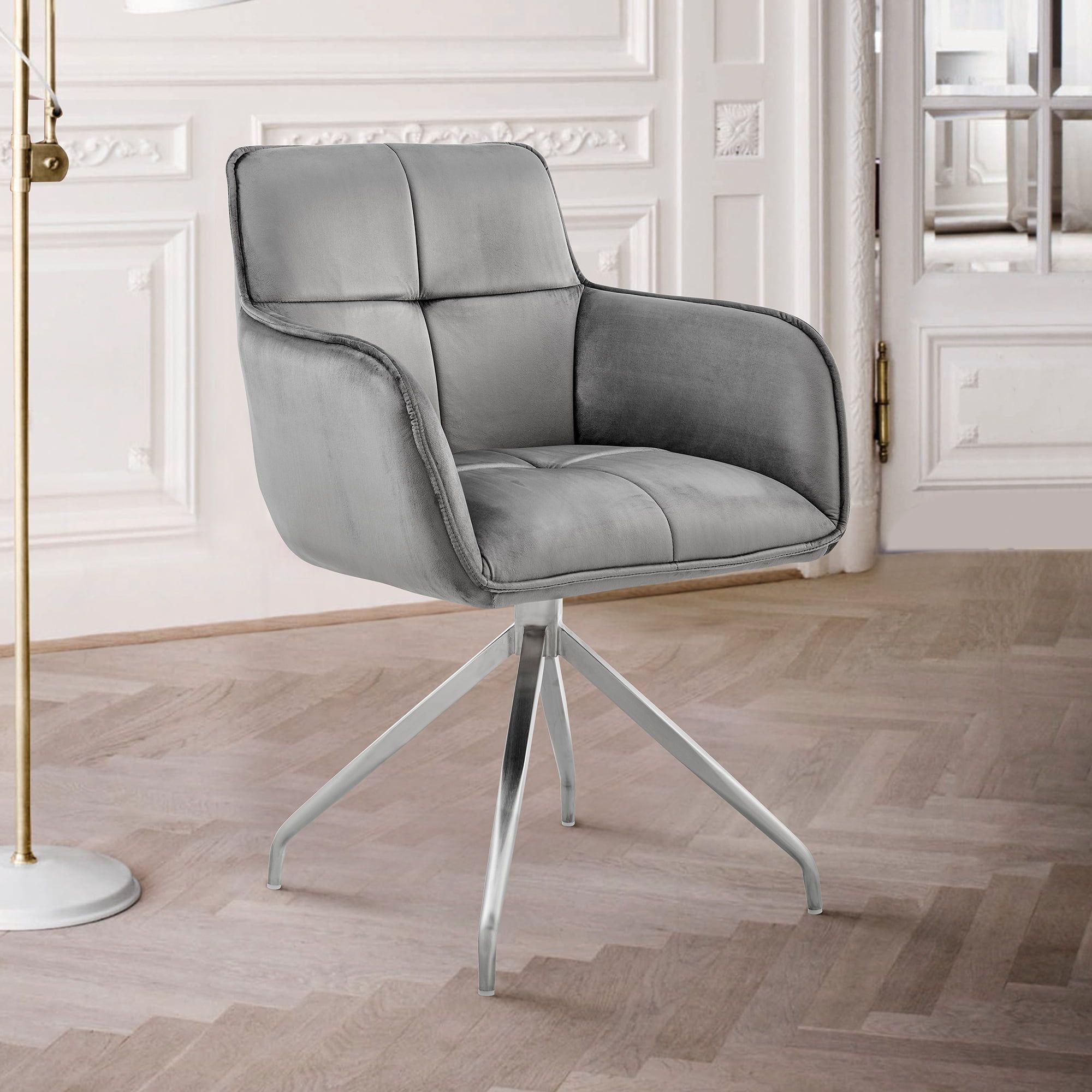 Gray Velvet Upholstered Swivel Arm Chair with Metal Base