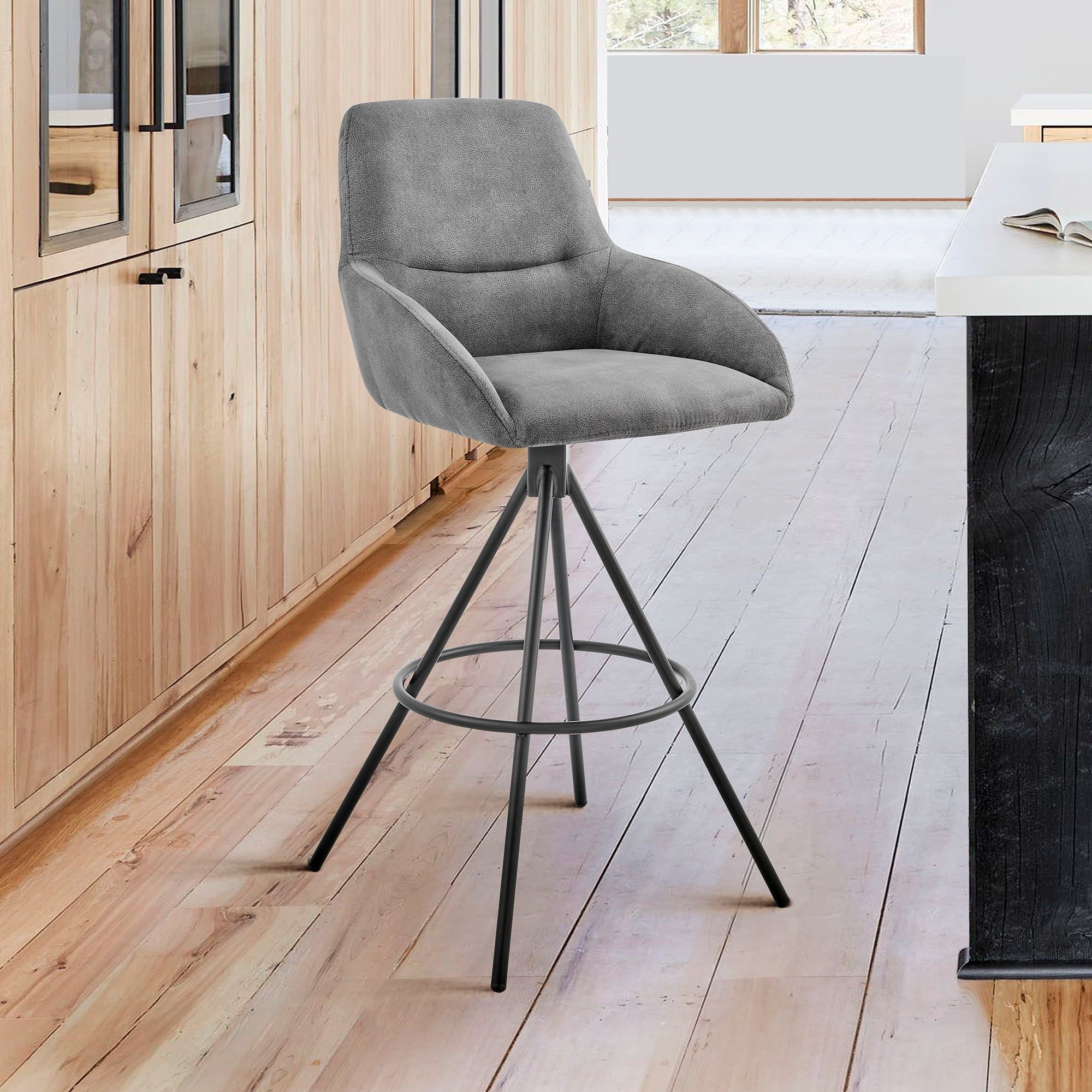 Modern Charcoal Fabric and Black Metal 30" Swivel Bar Stool