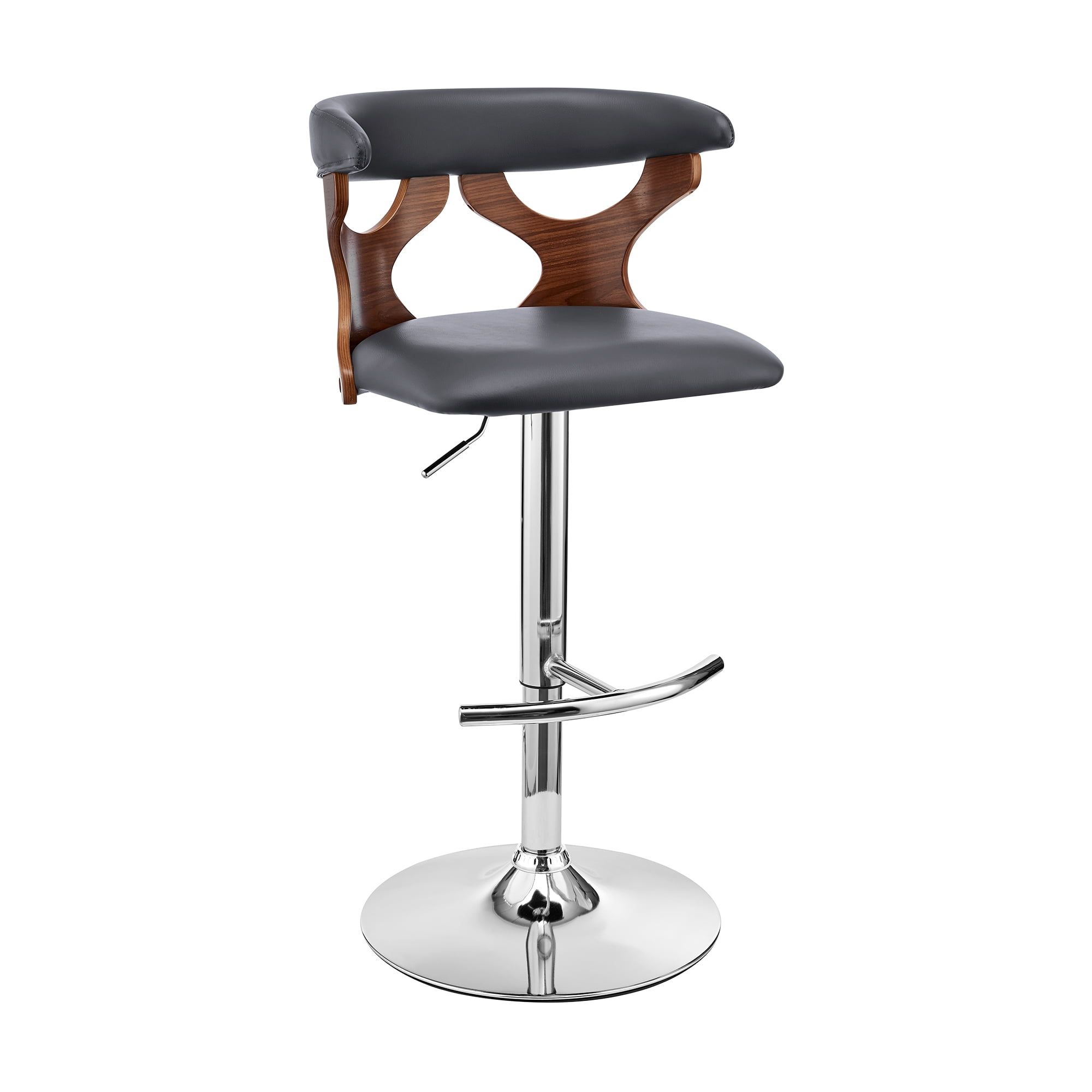 Adjustable Swivel Gray Faux Leather Walnut Wood Bar Stool