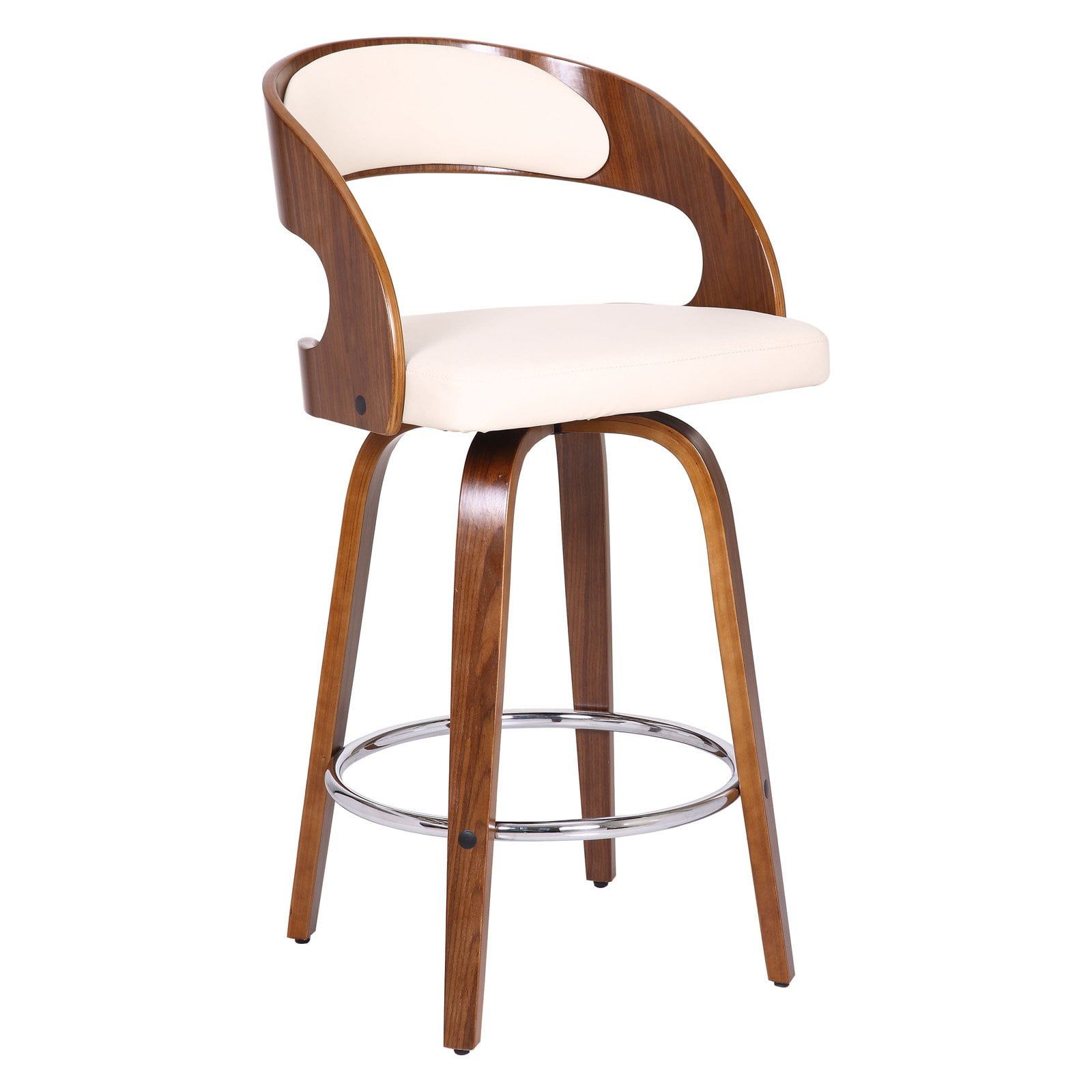 Mid-Century Modern Walnut and Brown Leather Swivel Counter Stool