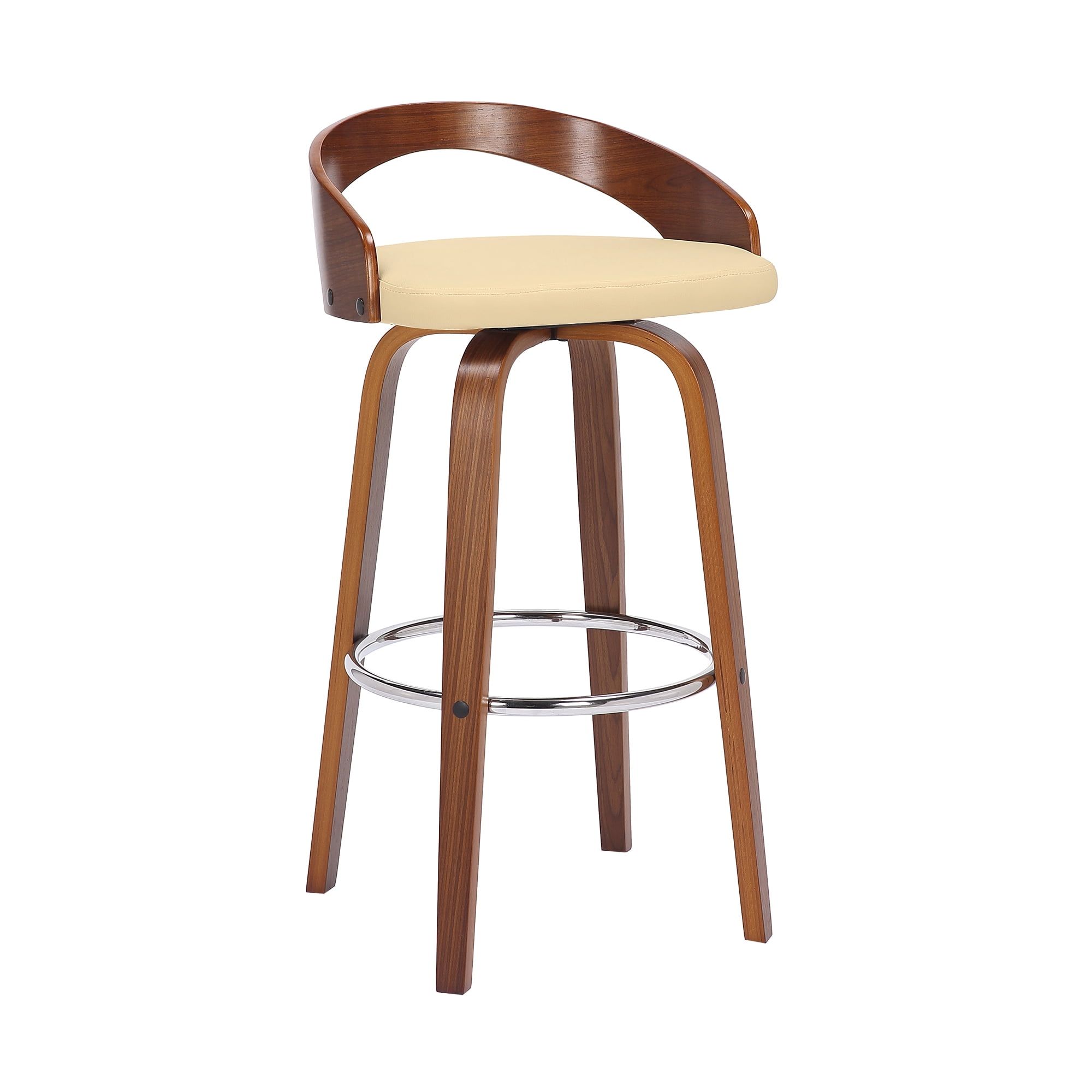 Cream Faux Leather and Walnut Wood Swivel Bar Stool, 30"