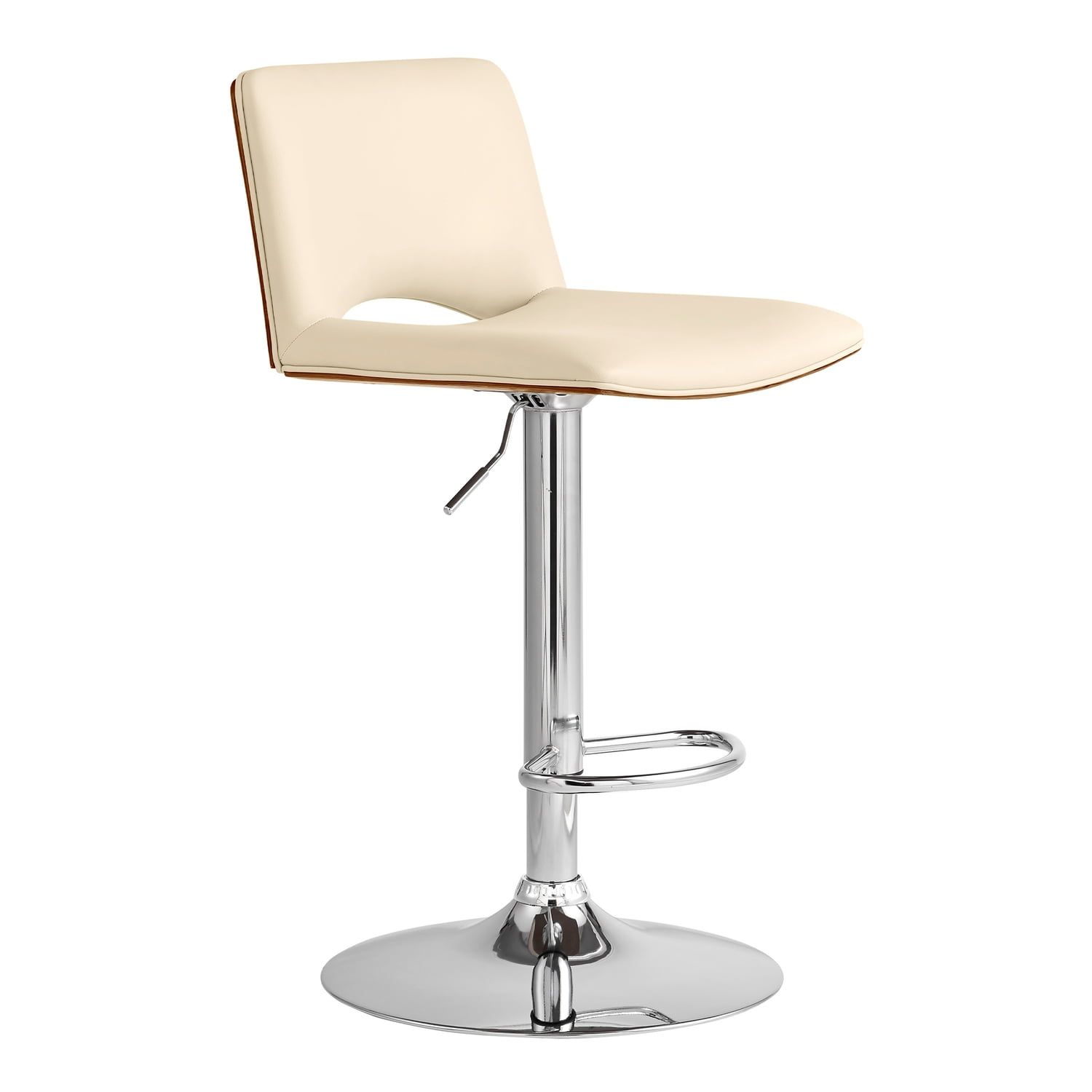 Contemporary Cream Leather & Walnut Swivel Adjustable Bar Stool