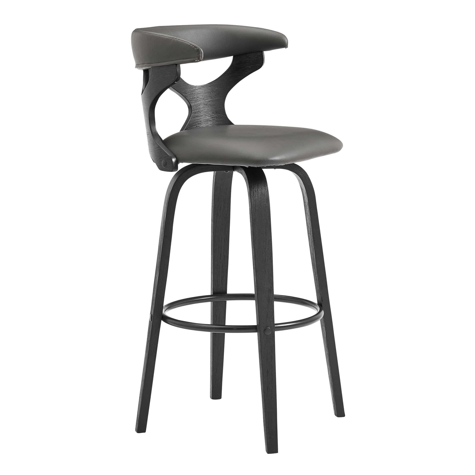 Gray Faux Leather and Black Wood Swivel Bar Stool