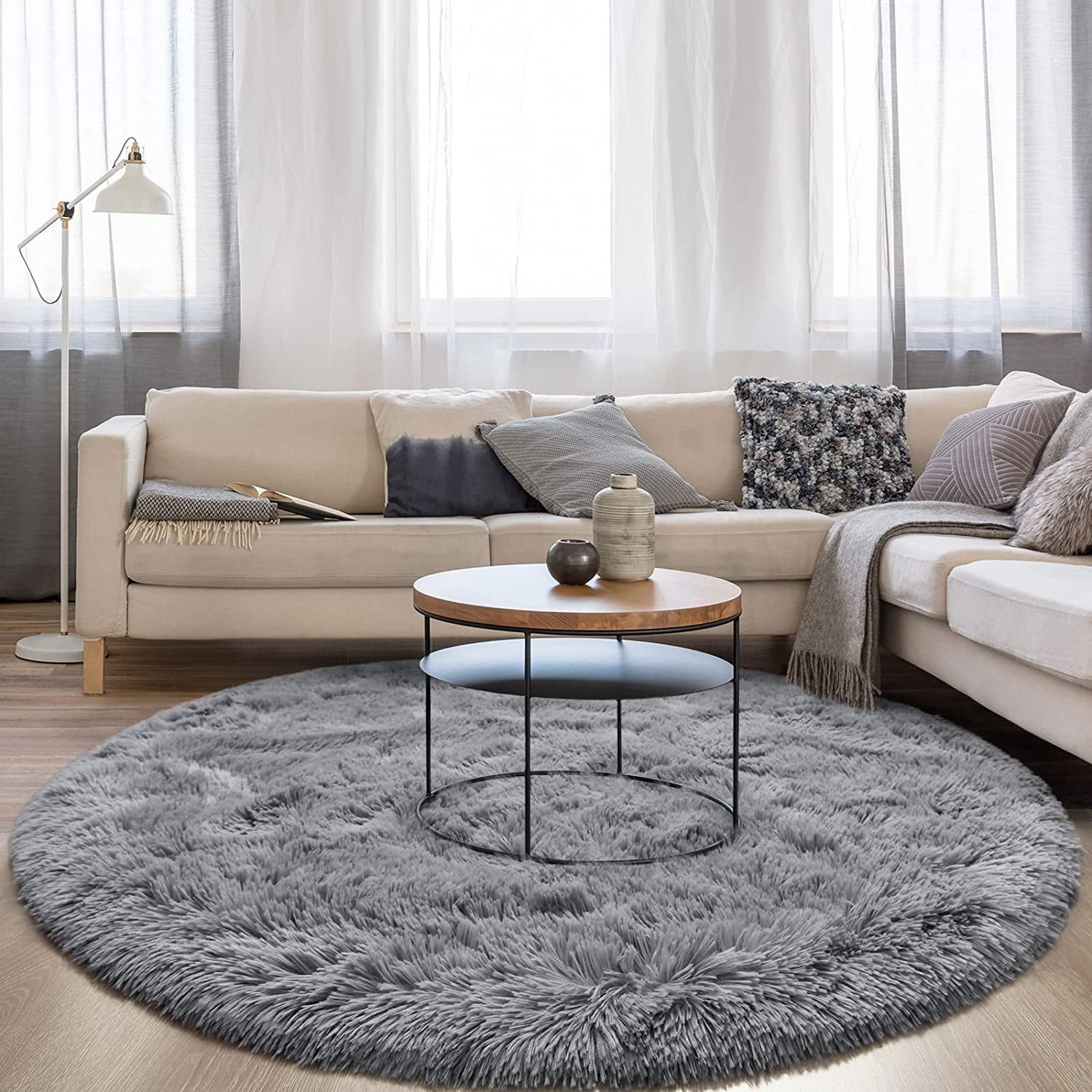 Gray Round Shaggy Synthetic Fur Kids Rug, 5ft