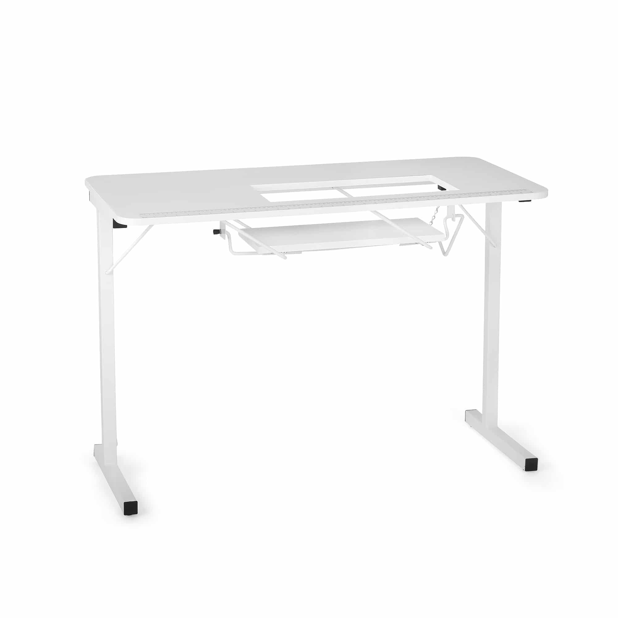 White Folding Sewing Table with Manual Lift and Steel Legs