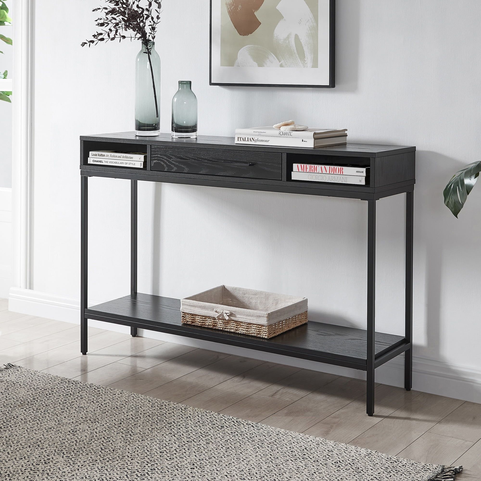 Arroyo Modern 45" Blackened Bronze & Black Grain Console Table with Storage