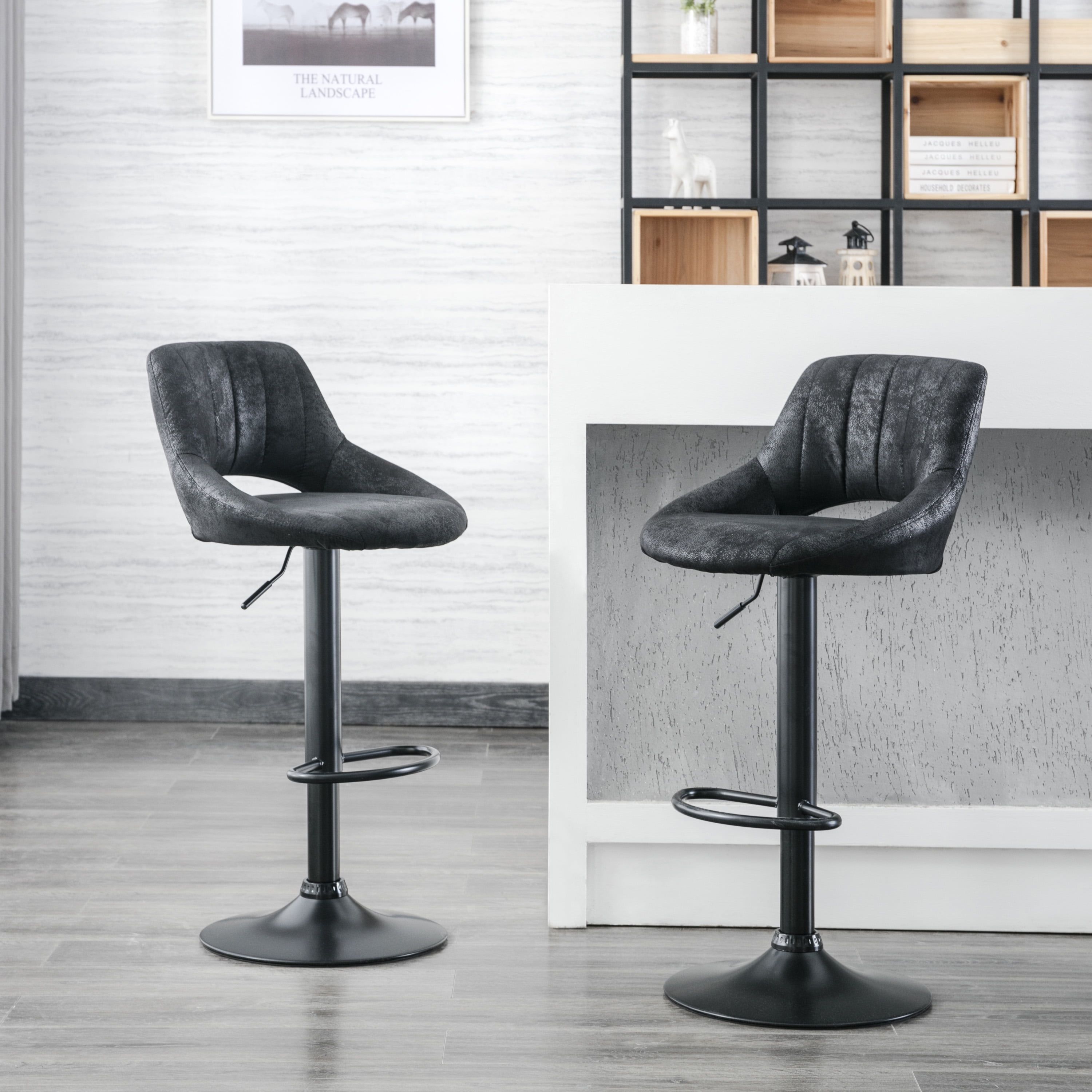 Adjustable Height Swivel Barstools, Set of 2, Black Faux Leather