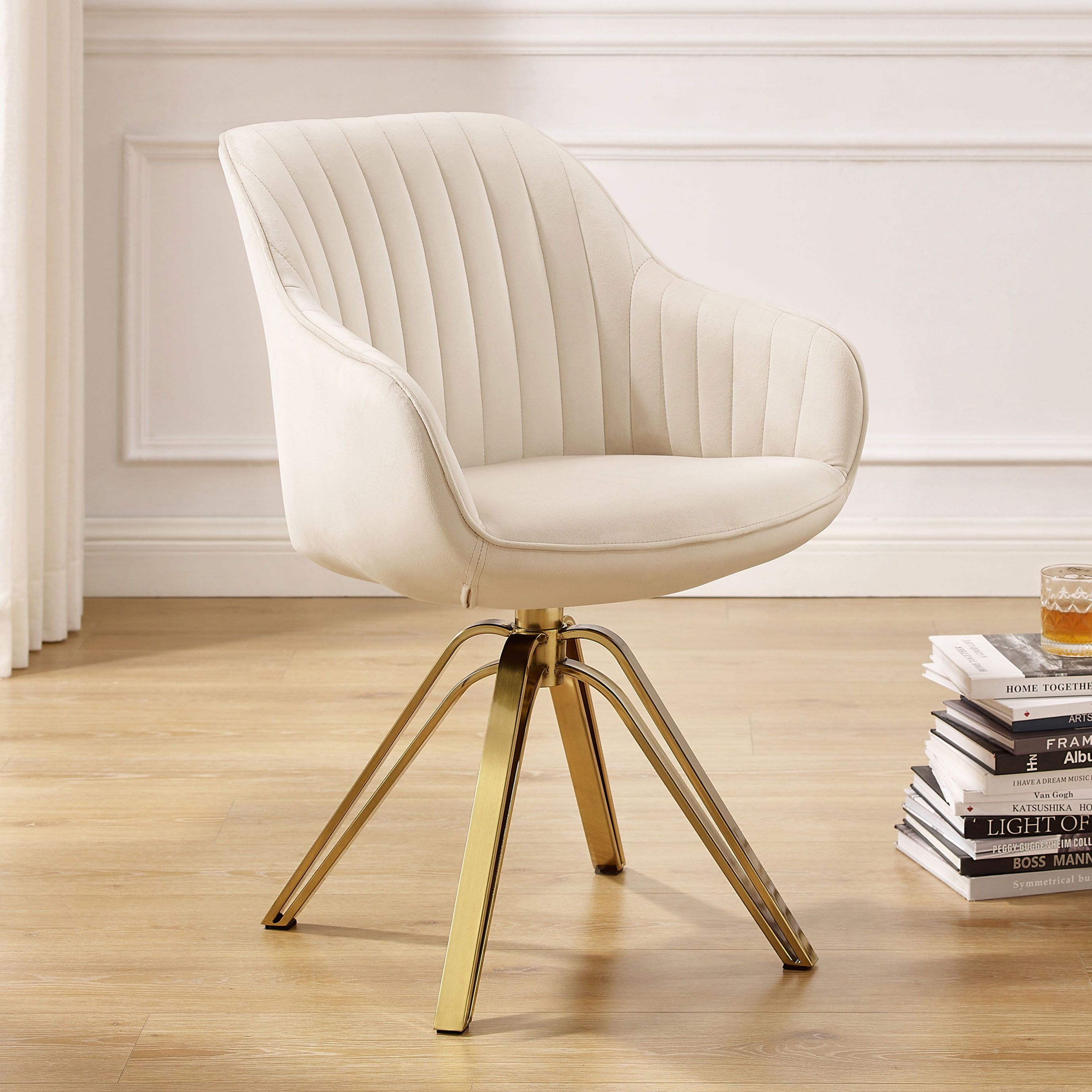 Off-White Contemporary Swivel Accent Chair with Gold Metal Legs