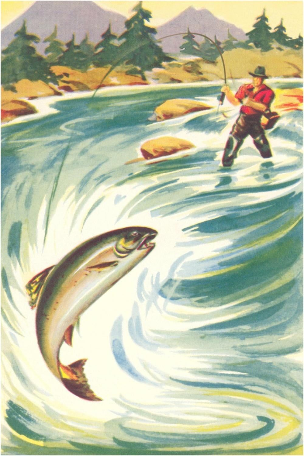 Trout Fishing in Rapids Vertical Canvas Art Print