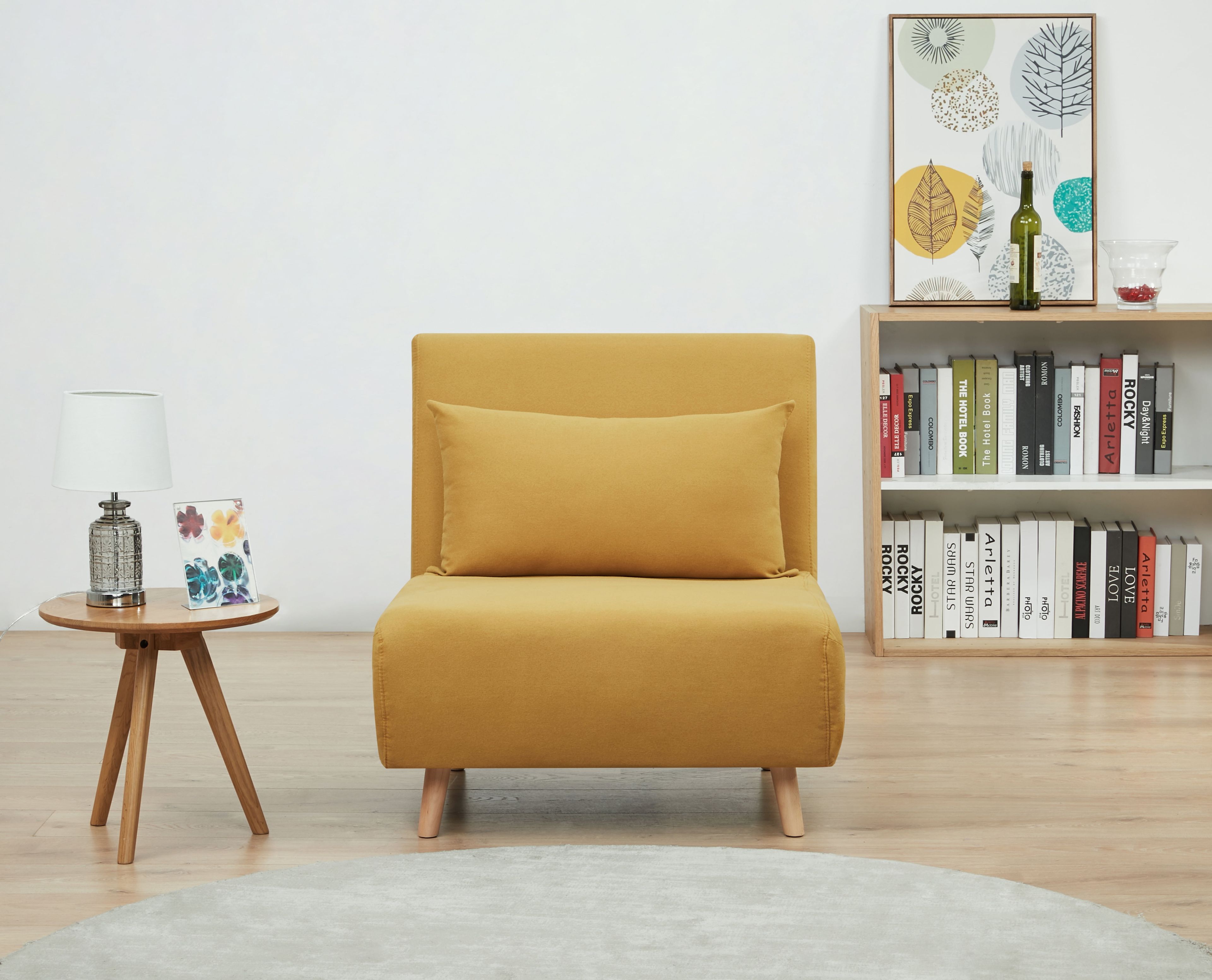 Modern Velvet Yellow Convertible Chair-Bed with Wood Accents