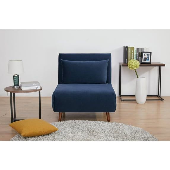 Blue Velvet Convertible Futon Chair with Wood Legs